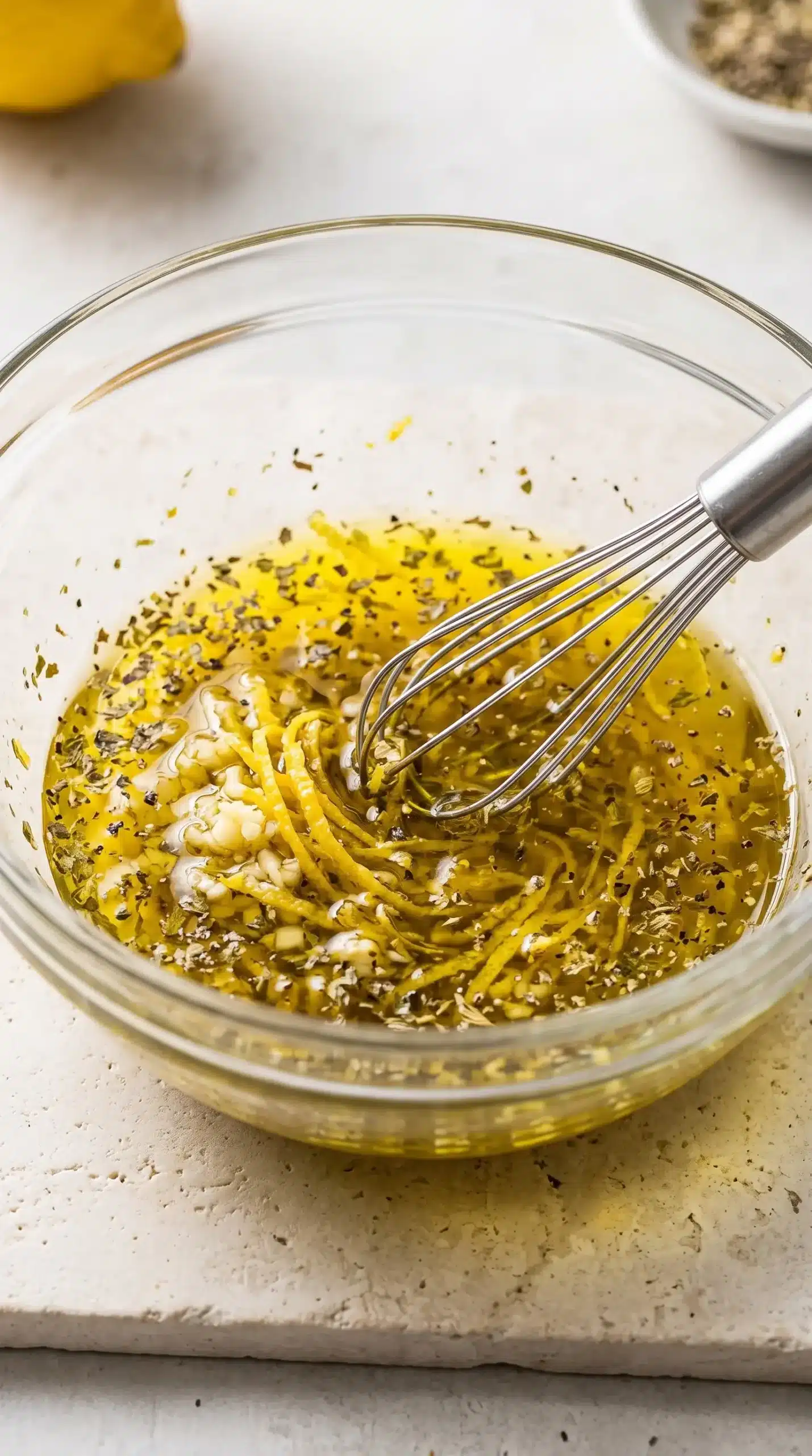 Lemon garlic marinade with olive oil, zest, garlic, and herbs in a mixing bowl