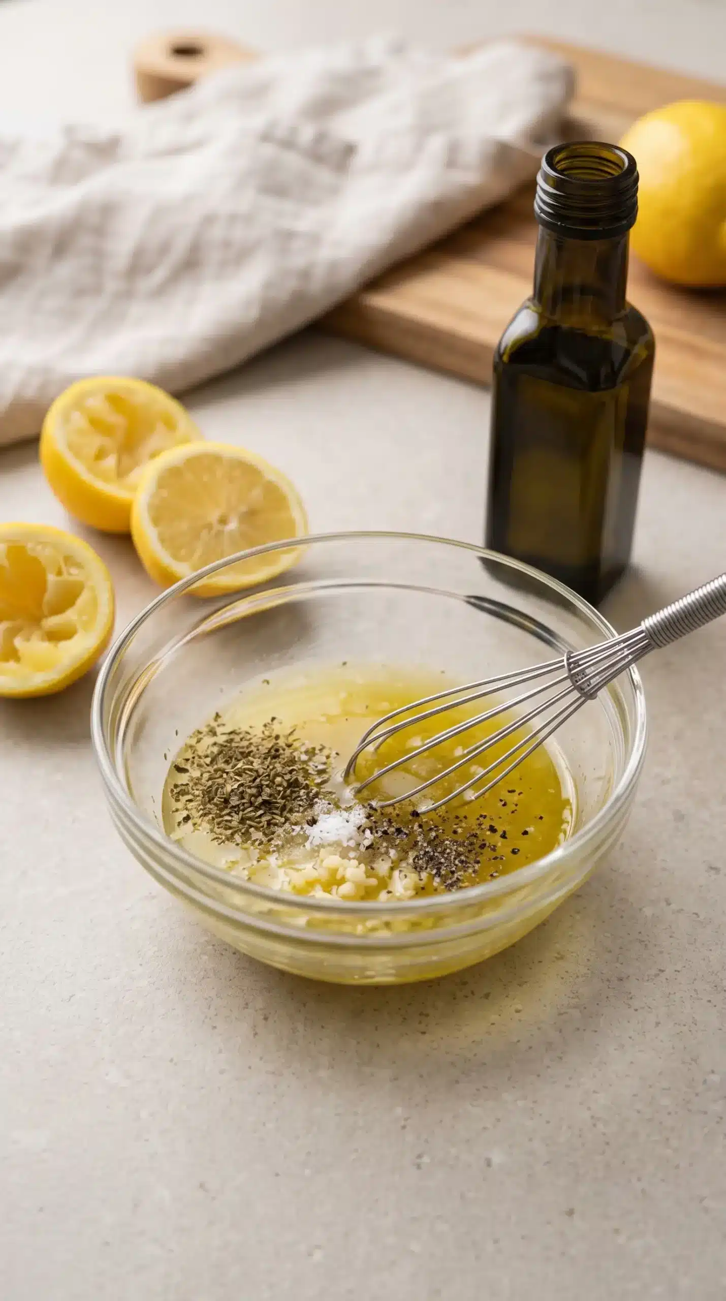 Lemon olive oil dressing being whisked with garlic, oregano, salt, and pepper