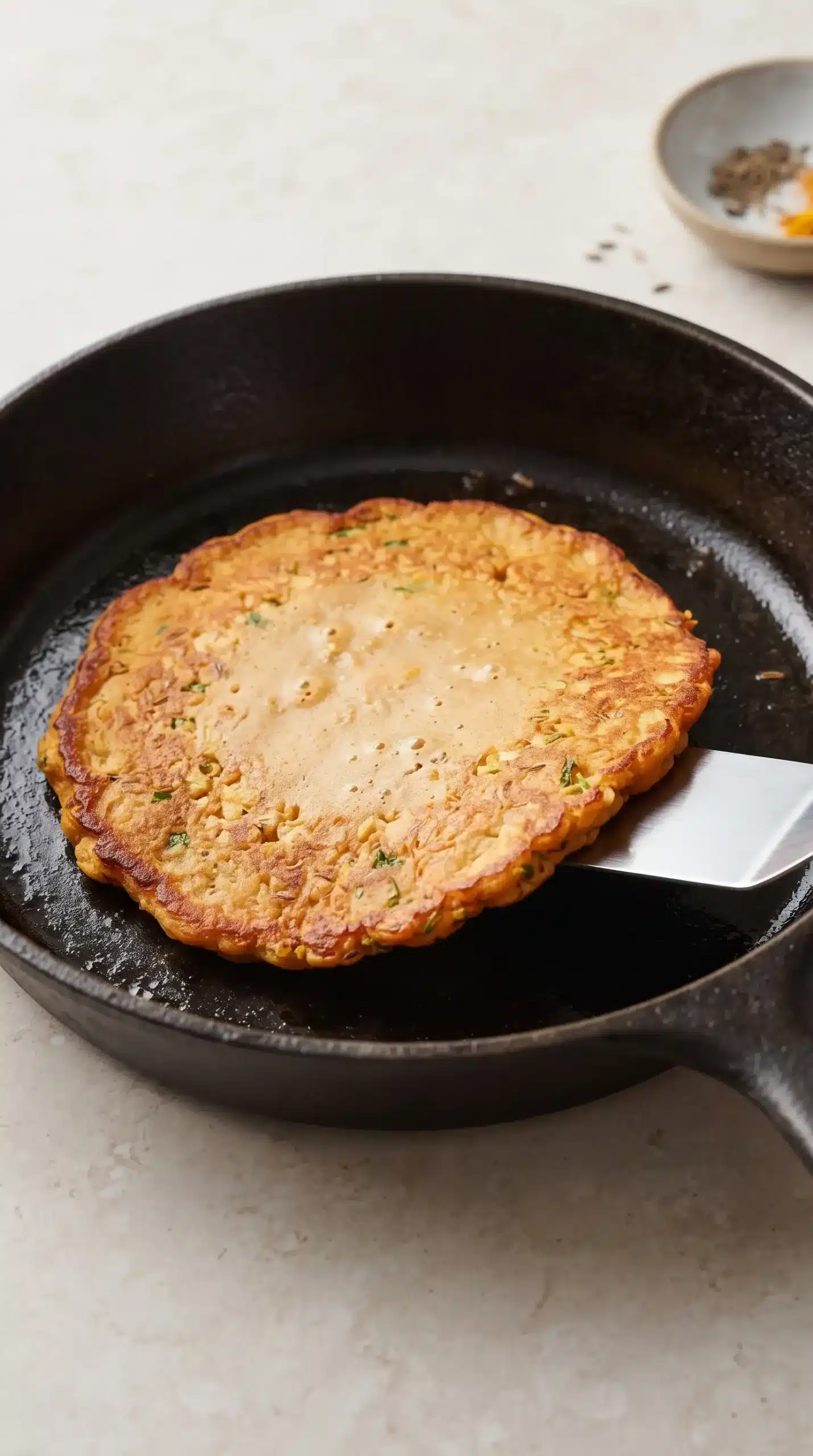Red lentil pancake cooking in a skillet with golden edges and a setting center