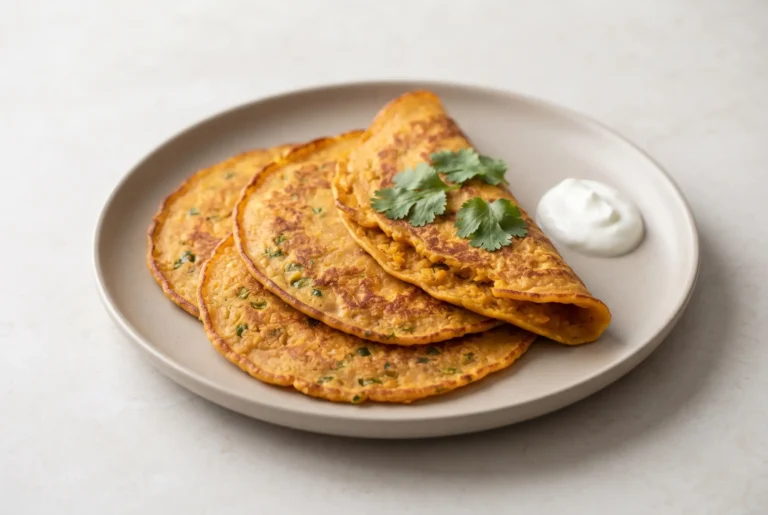Lentil pancake stack with red lentils, green chilies, and golden crisp edges on a plate
