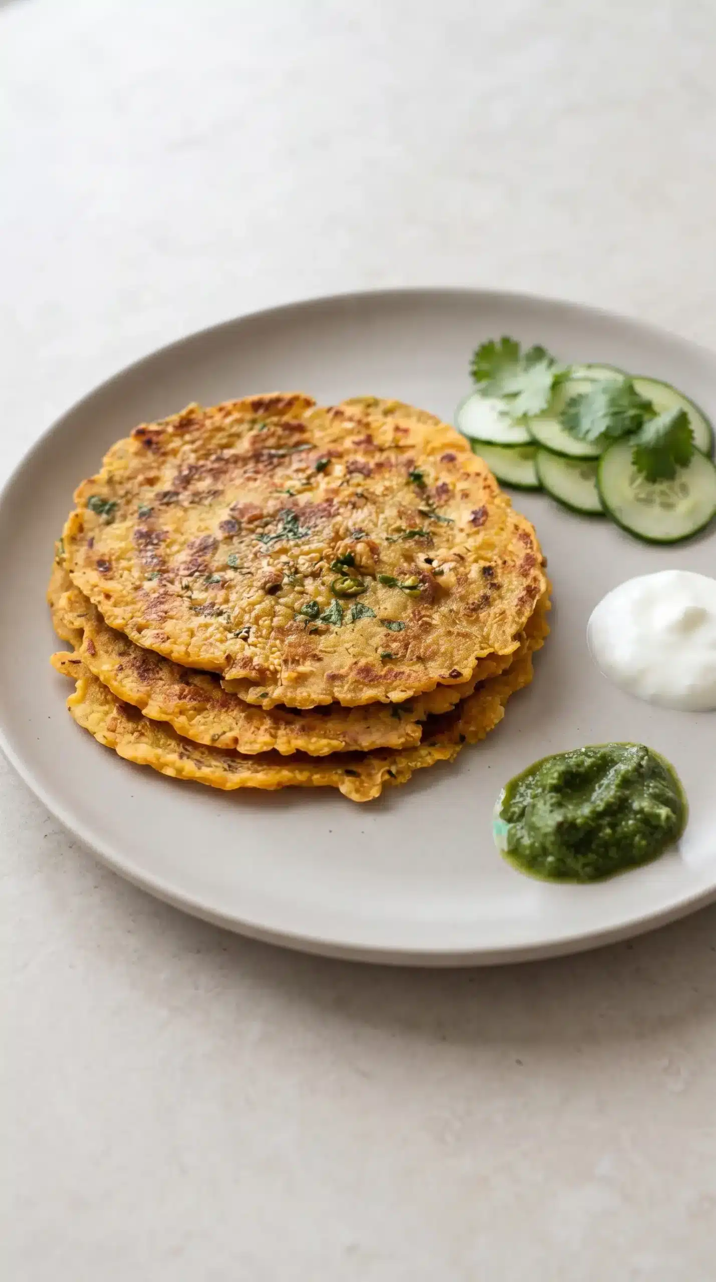 Savory lentil pancakes served with yogurt, mint chutney, and cucumber salad