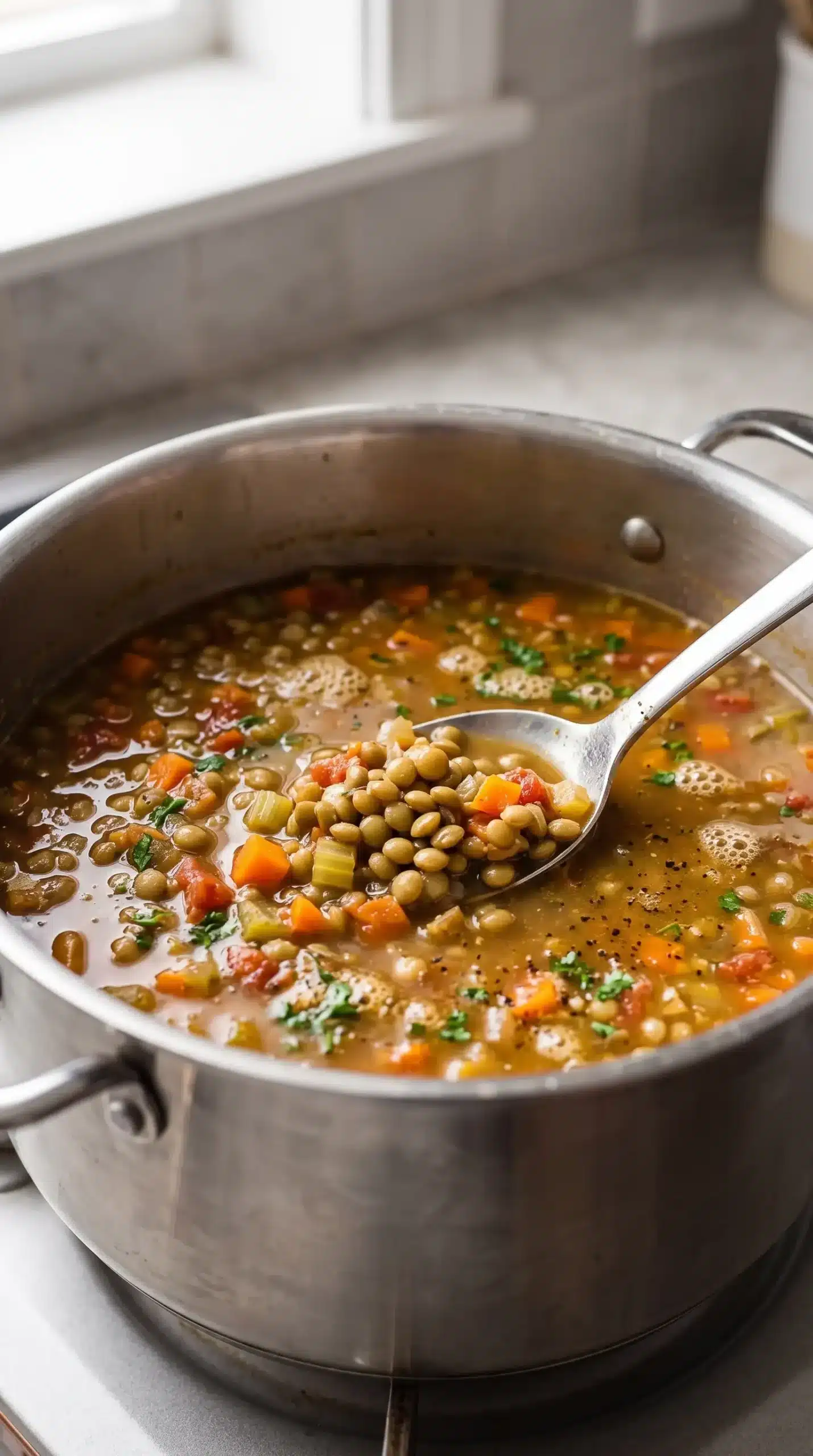Green lentils and vegetables simmering in a pot with seasoned broth