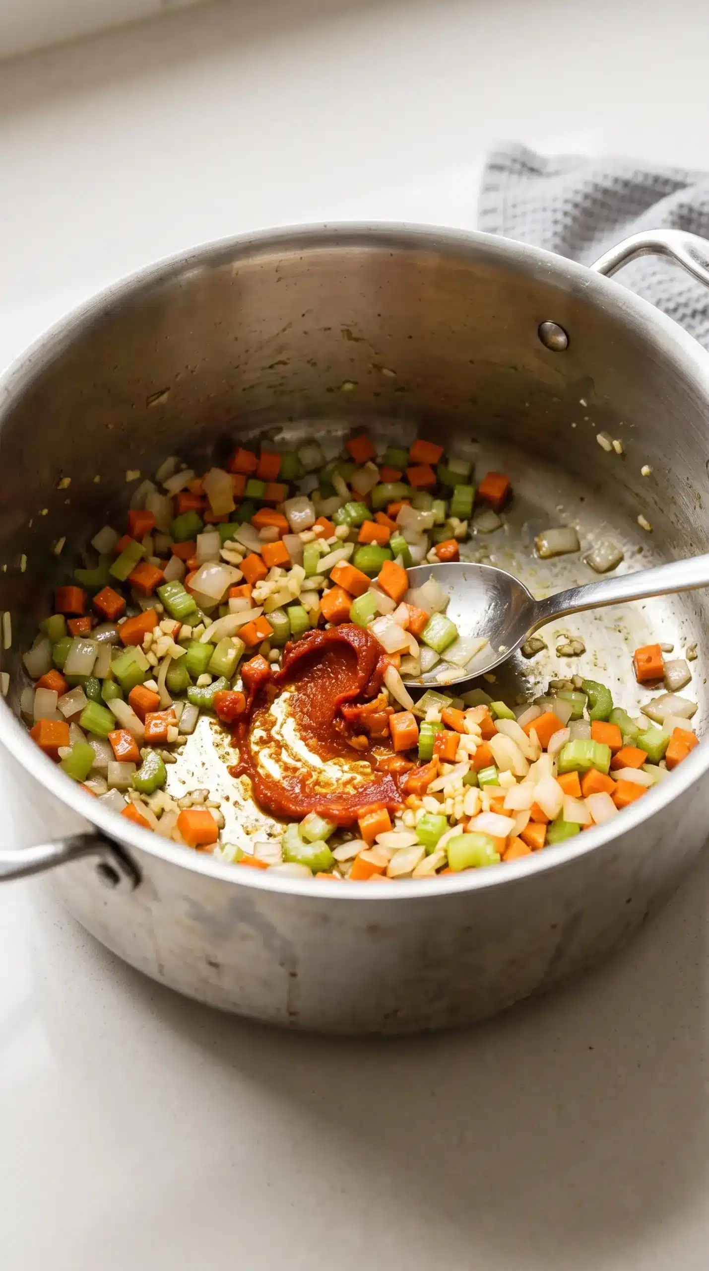 Vegetables and tomato paste cooking in a pot for classic lentil soup