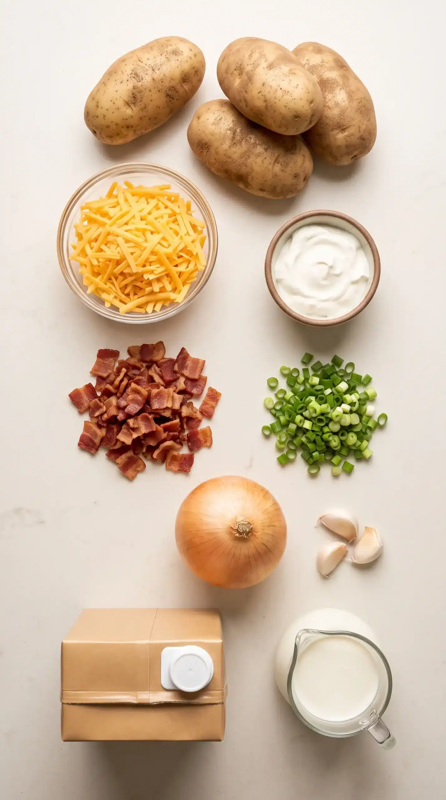 Russet potatoes, cheddar cheese, bacon, sour cream, and ingredients for potato soup