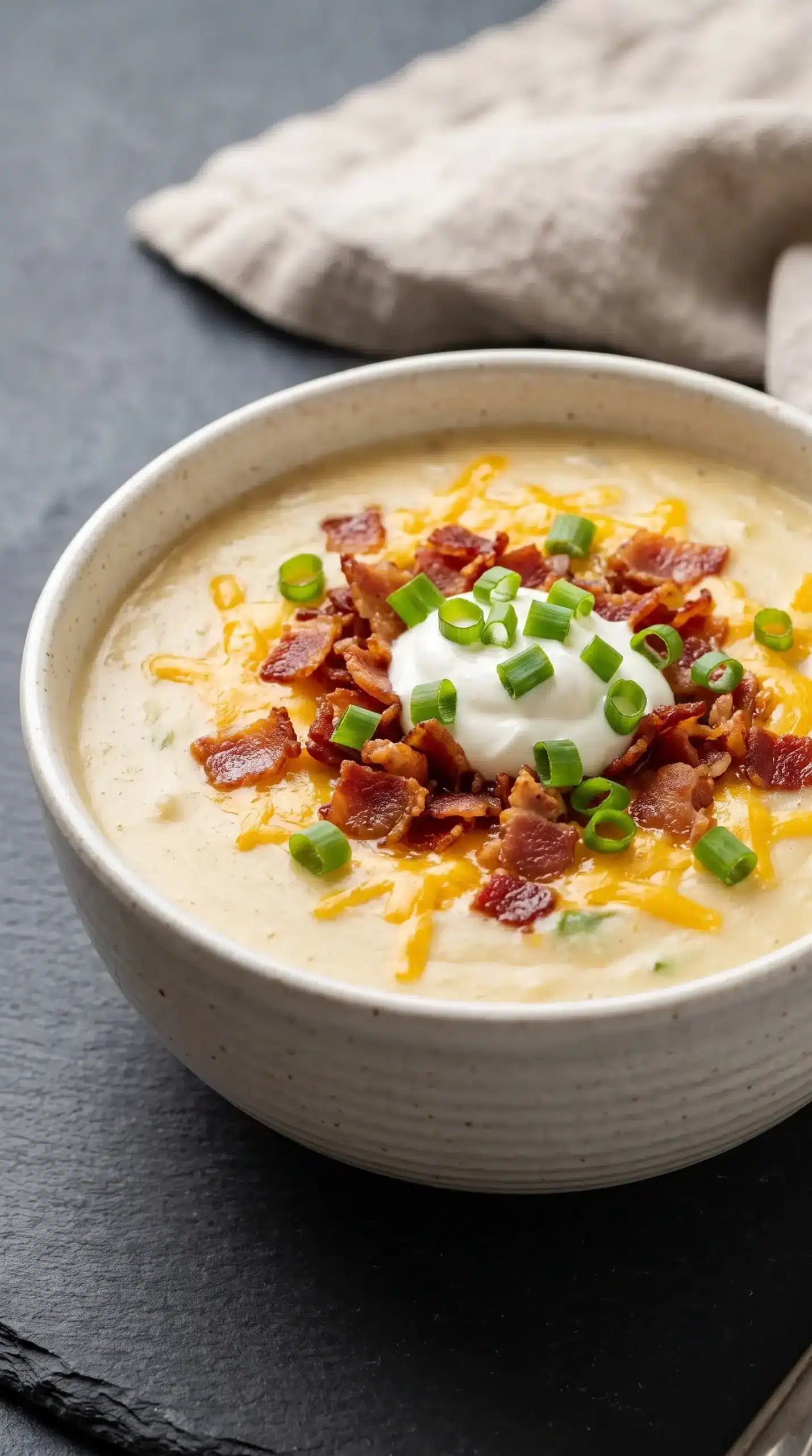 Loaded baked potato soup topped with cheddar cheese, bacon, sour cream, and green onions