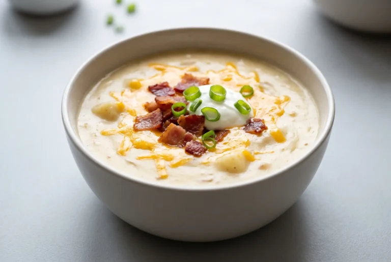 Loaded baked potato soup with cheddar cheese, bacon, sour cream, and green onions in a bowl