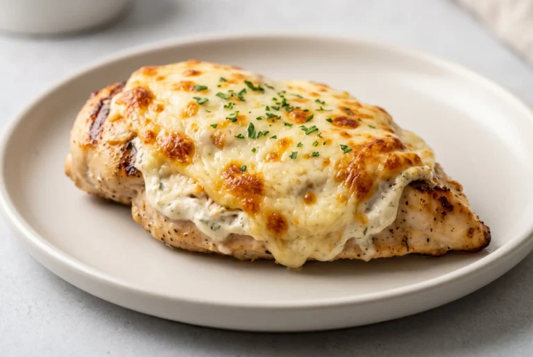 Parmesan chicken breast topped with creamy garlic sauce, melted cheese, and browned Parmesan crust