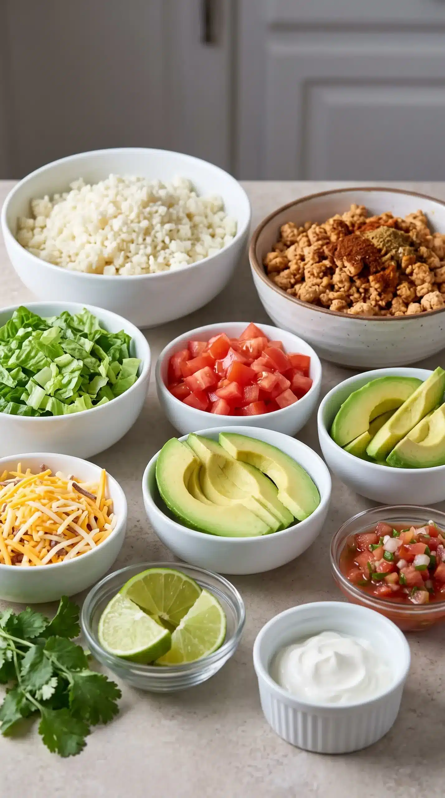 Prepared ingredients for a low carb burrito bowl with chicken, cauliflower rice, and fresh toppings
