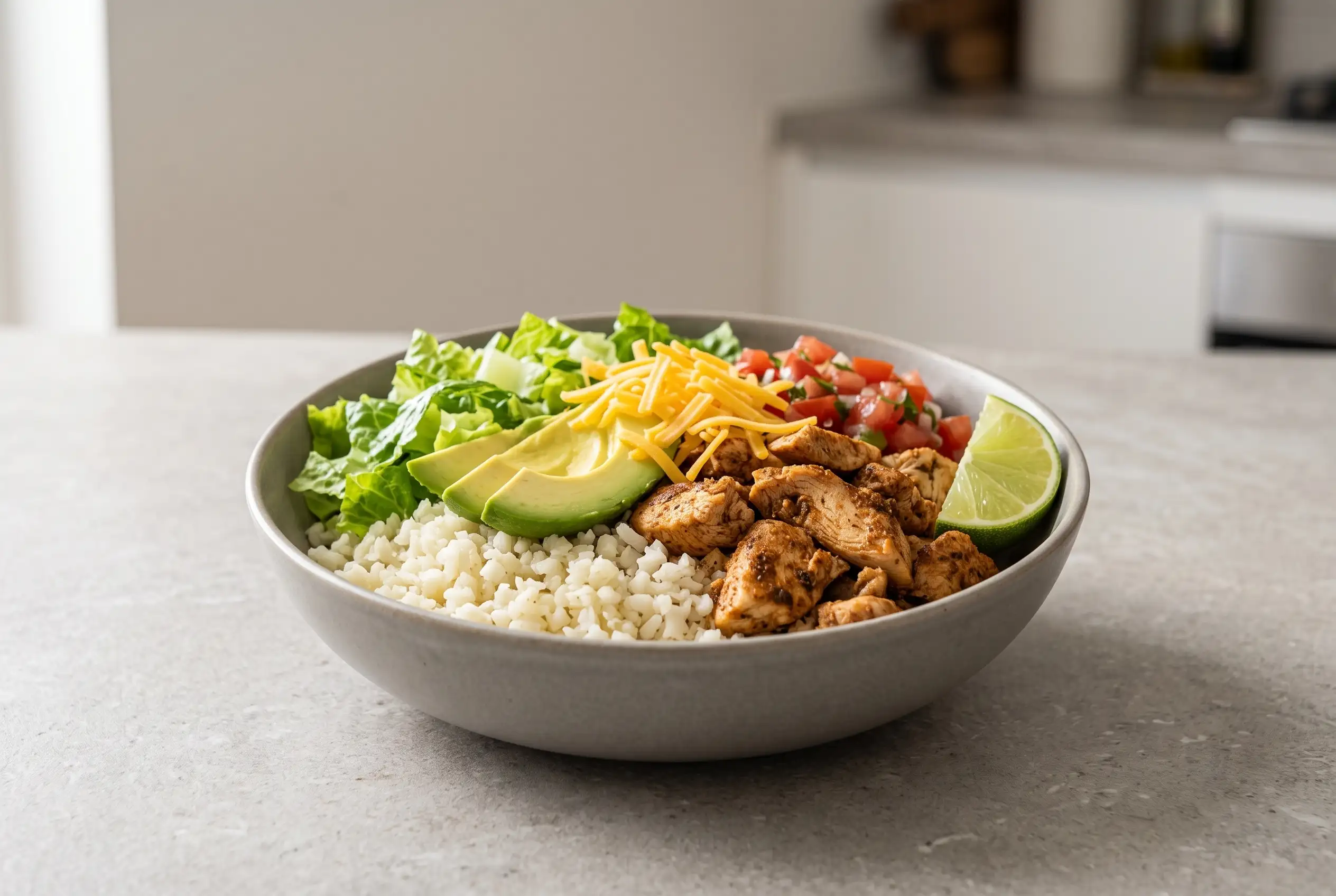 Low carb burrito bowl with cauliflower rice, chicken, avocado, cheese, salsa, and fresh toppings