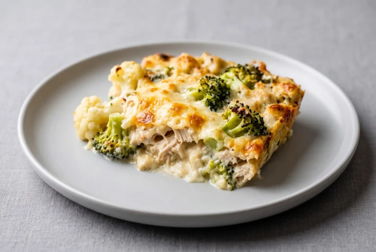 Low carb chicken casserole with creamy cheese topping, chicken, broccoli, and cauliflower