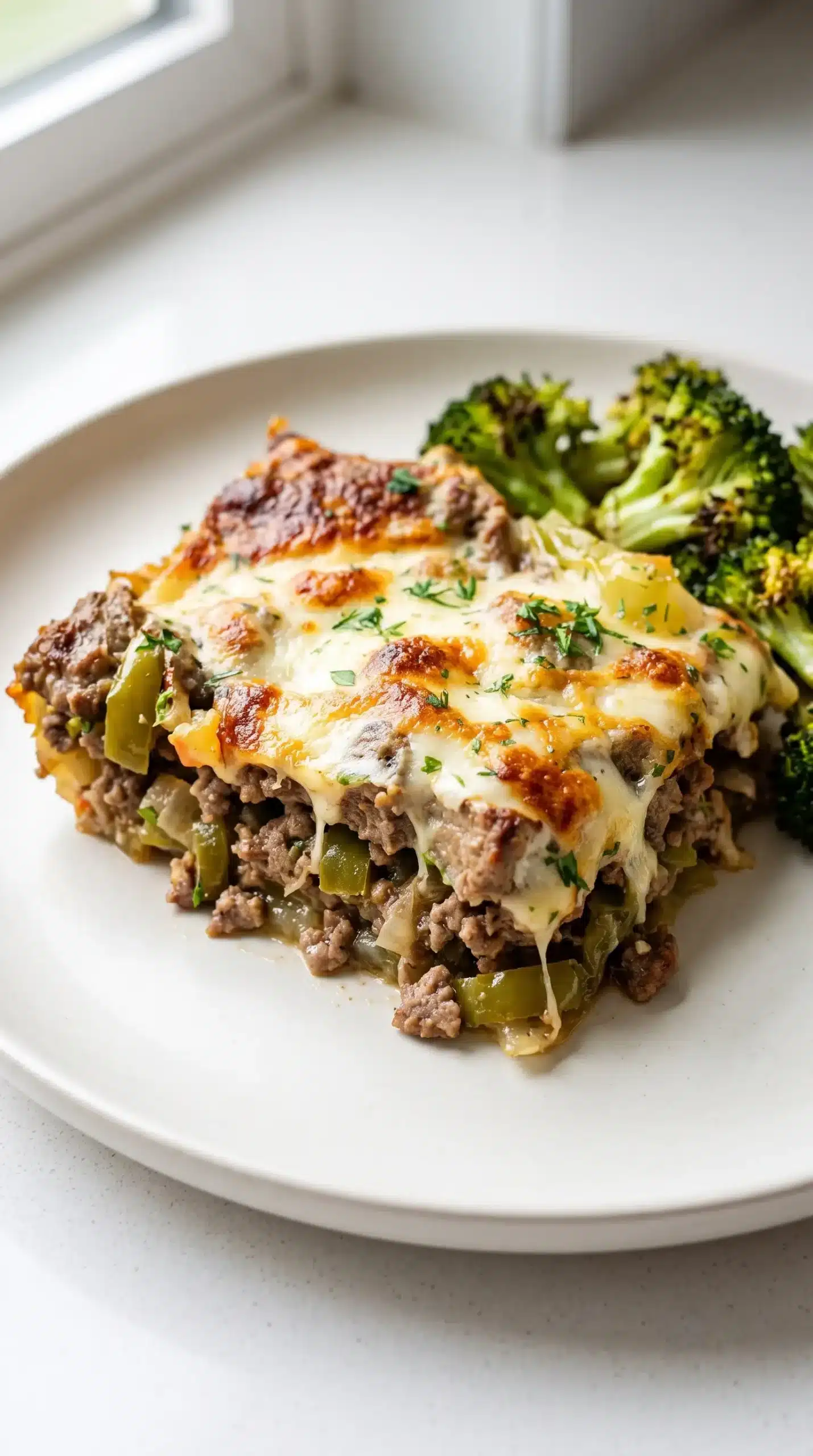 Low carb Philly cheesesteak casserole serving with melted cheese and roasted broccoli side