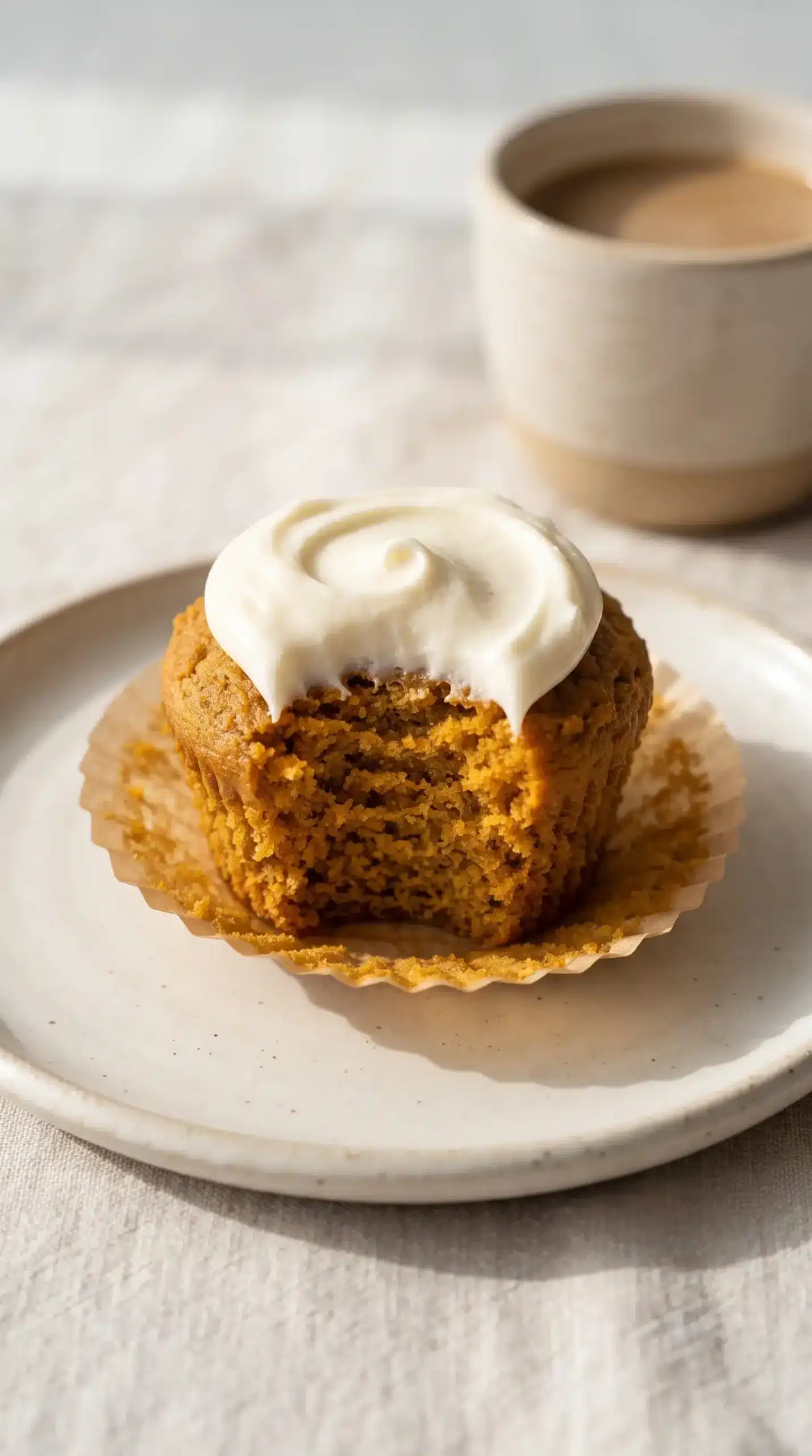 Low-carb pumpkin muffin with cream cheese topping served beside a warm drink