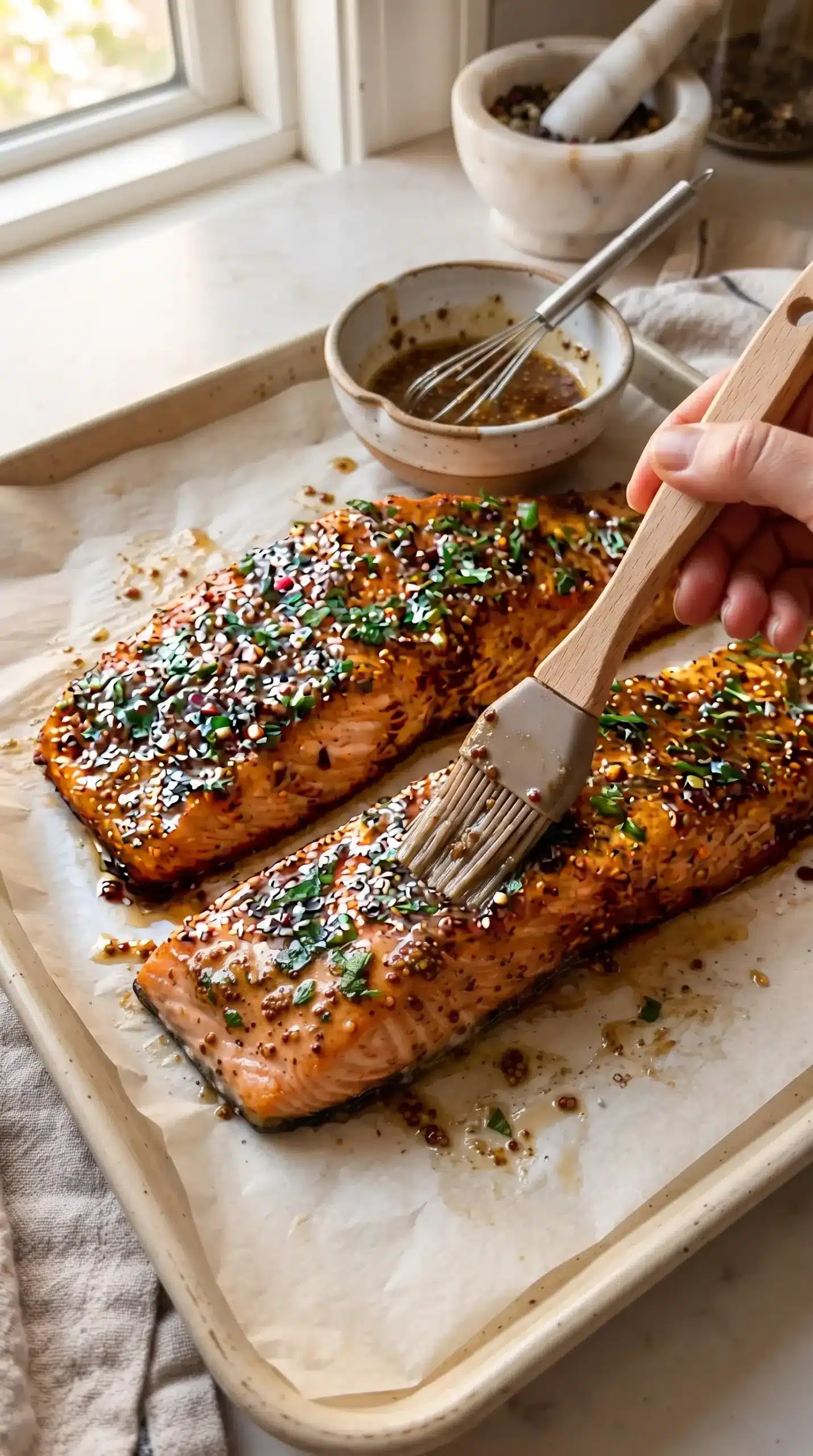 Salmon fillets coated with maple Dijon glaze on a parchment-lined baking sheet