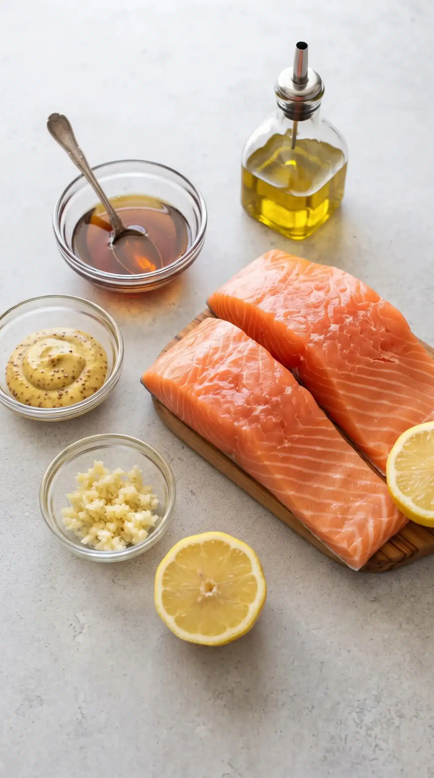 Salmon fillets with maple syrup, Dijon mustard, olive oil, garlic, and lemon ingredients