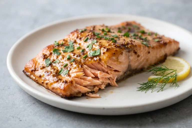 Maple Dijon salmon fillet with glossy baked glaze, lemon, and herbs on a plate