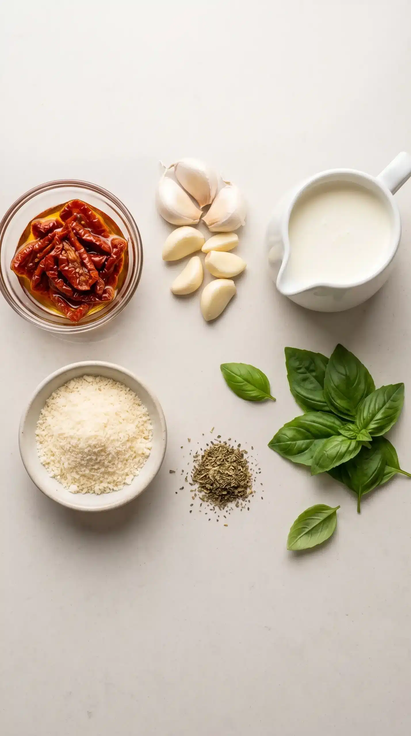 Sun-dried tomatoes, garlic, cream, Parmesan, Italian seasoning, and basil for the sauce