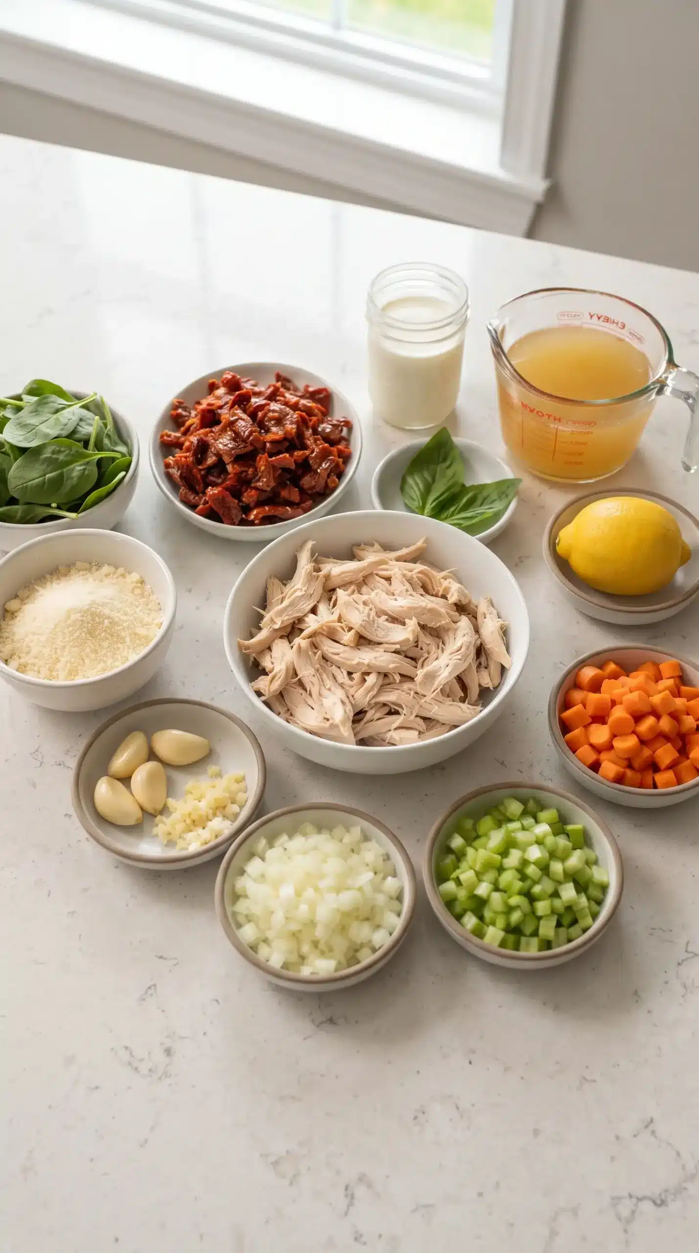 Ingredients arranged for Marry Me Chicken Soup with chicken, spinach, tomatoes, Parmesan, and vegetables