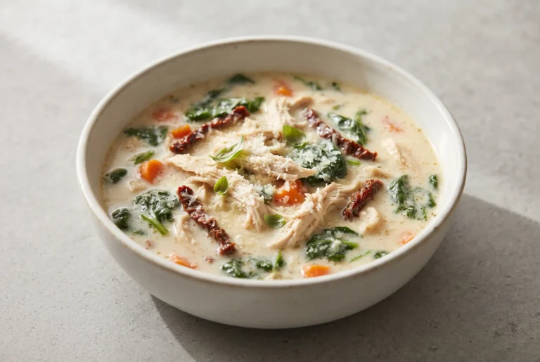 Marry Me Chicken Soup with creamy broth, chicken, spinach, sun-dried tomatoes, and Parmesan