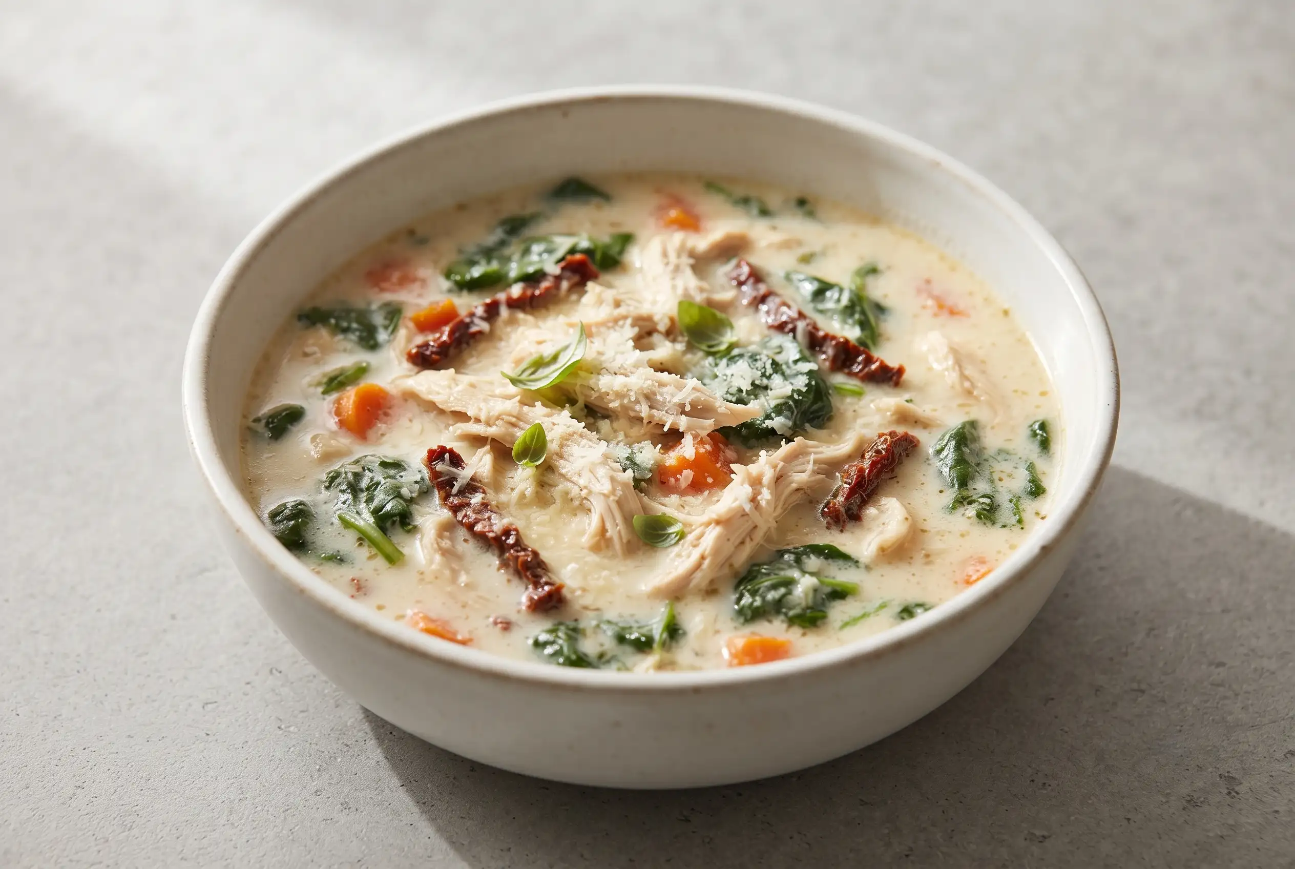 Marry Me Chicken Soup with creamy broth, chicken, spinach, sun-dried tomatoes, and Parmesan