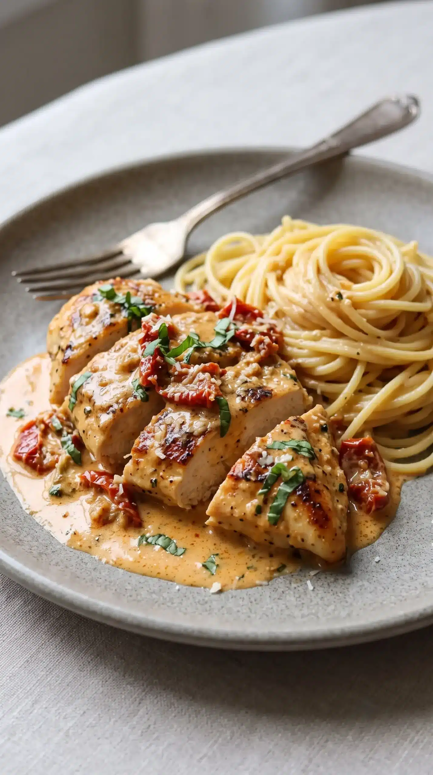 Creamy Marry Me chicken with sun-dried tomatoes, basil, and pasta