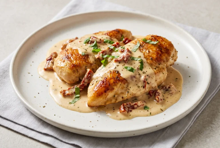 Golden Marry Me chicken with creamy Parmesan sauce, sun-dried tomatoes, and fresh basil
