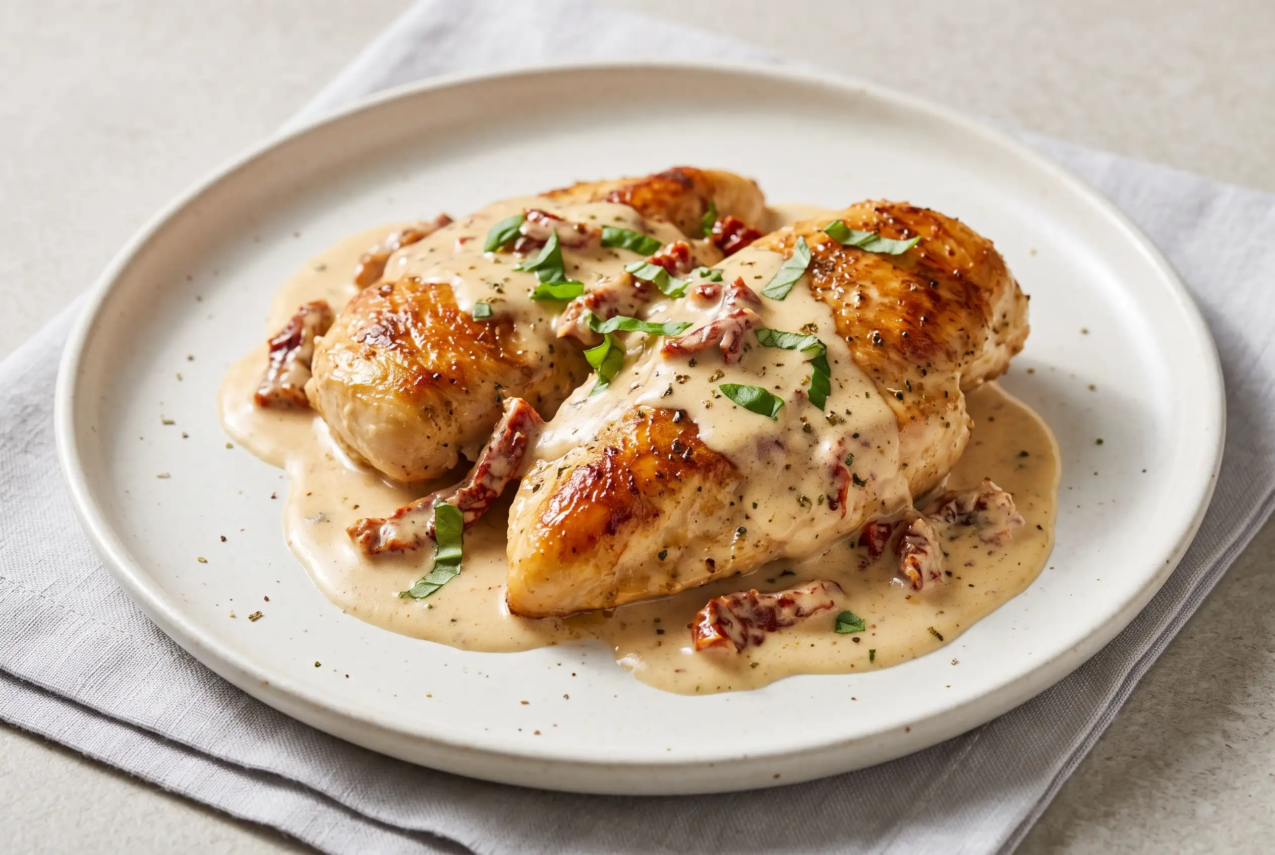 Golden Marry Me chicken with creamy Parmesan sauce, sun-dried tomatoes, and fresh basil