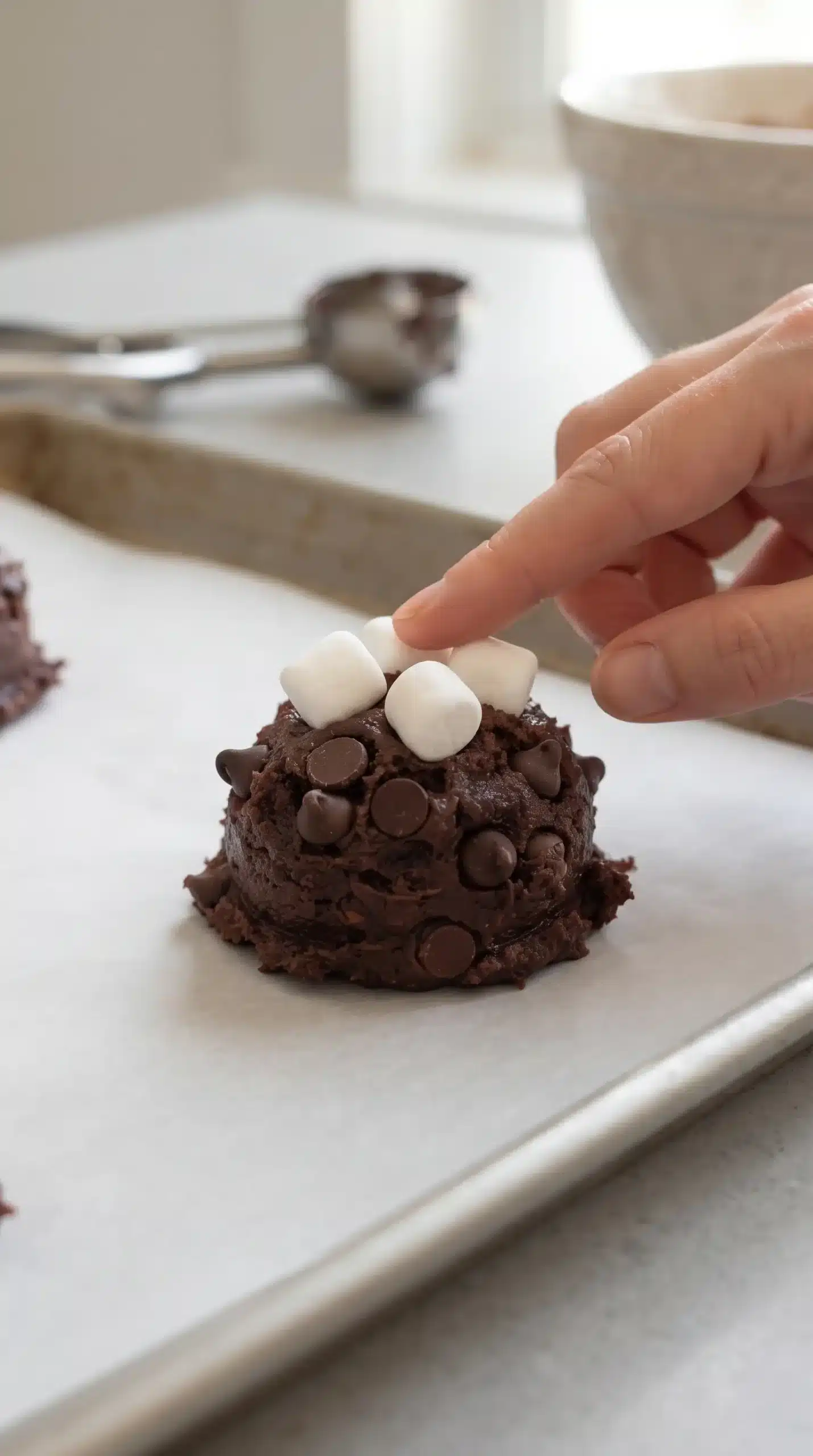 Chocolate cookie dough scoop topped with marshmallows and chocolate chips before baking