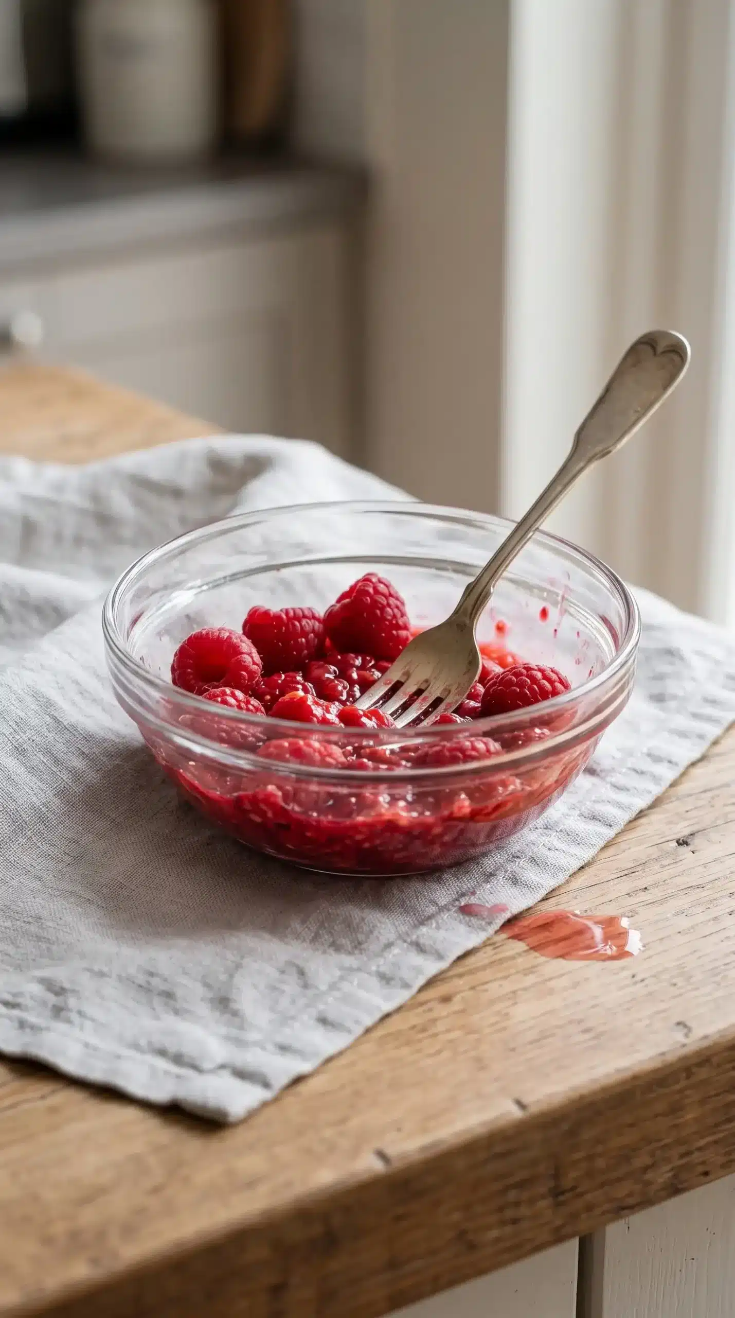 Mashed raspberries in a glass bowl showing fruit pieces and natural texture