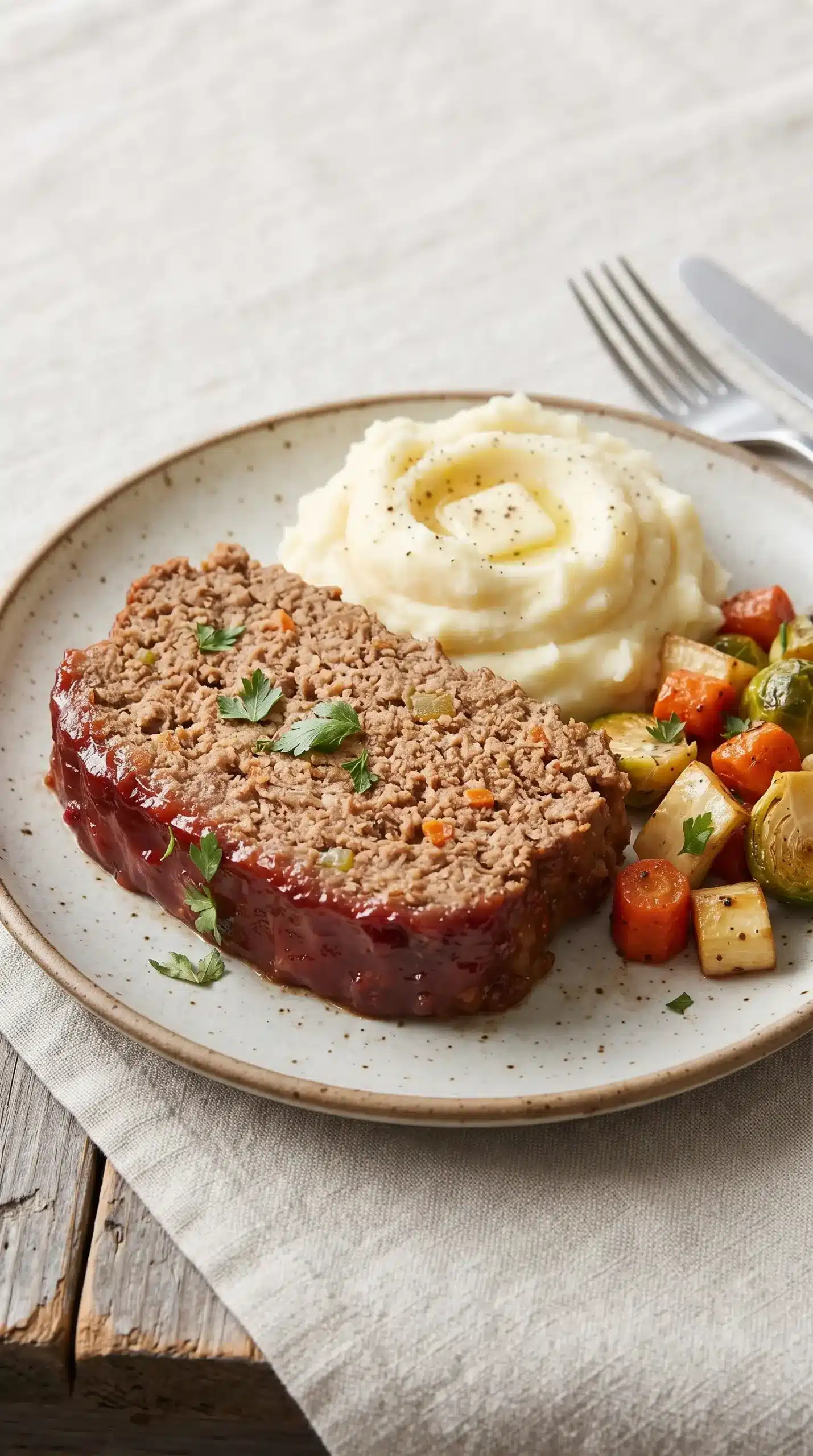 Slice of glazed homemade meatloaf served with mashed potatoes and vegetables