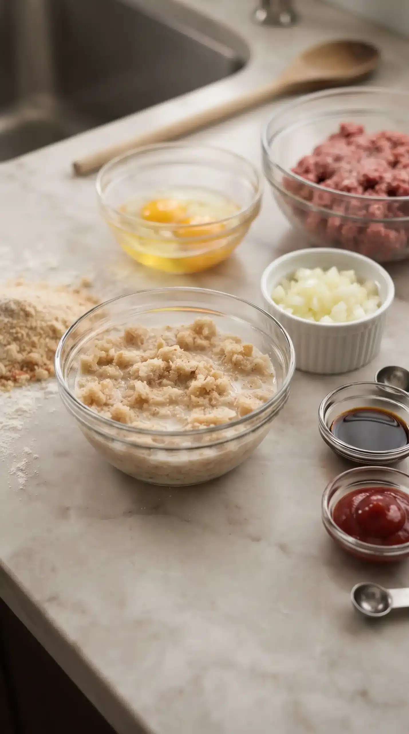 Breadcrumbs soaking in milk beside ground beef and meatloaf ingredients