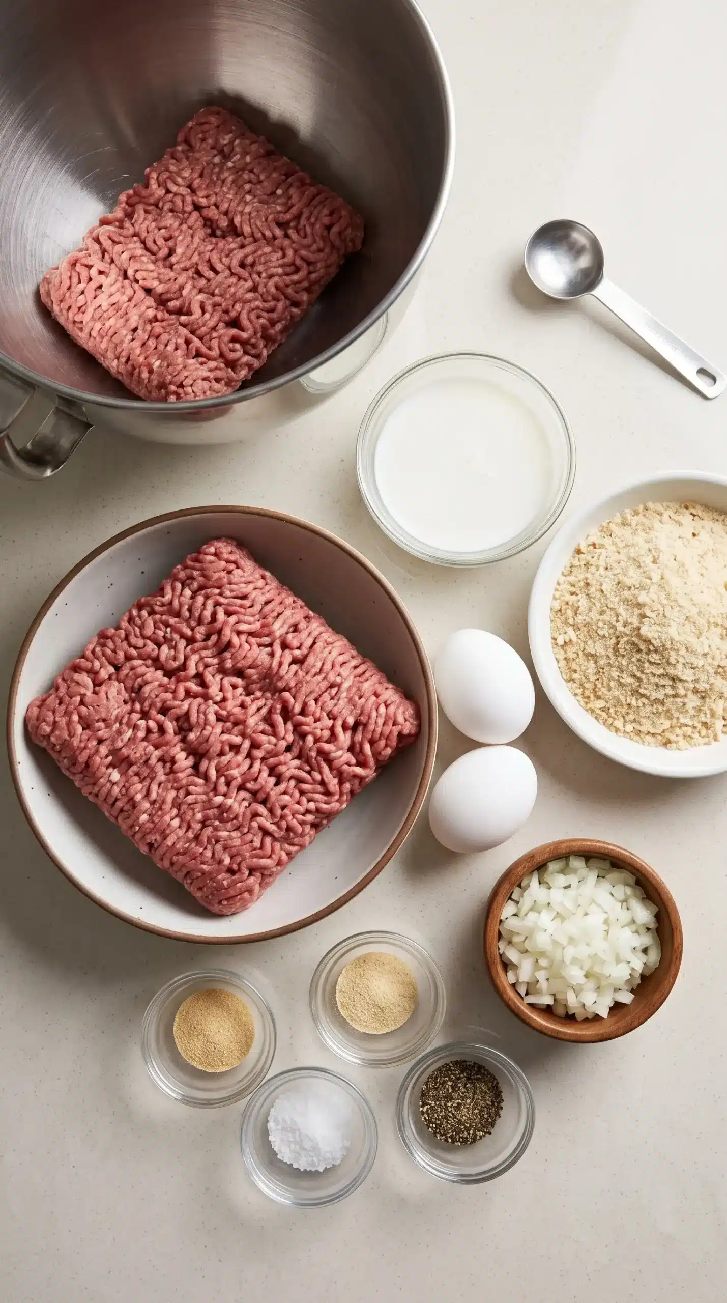 Ground beef meatloaf ingredients with breadcrumbs, milk, eggs, onion, and seasonings