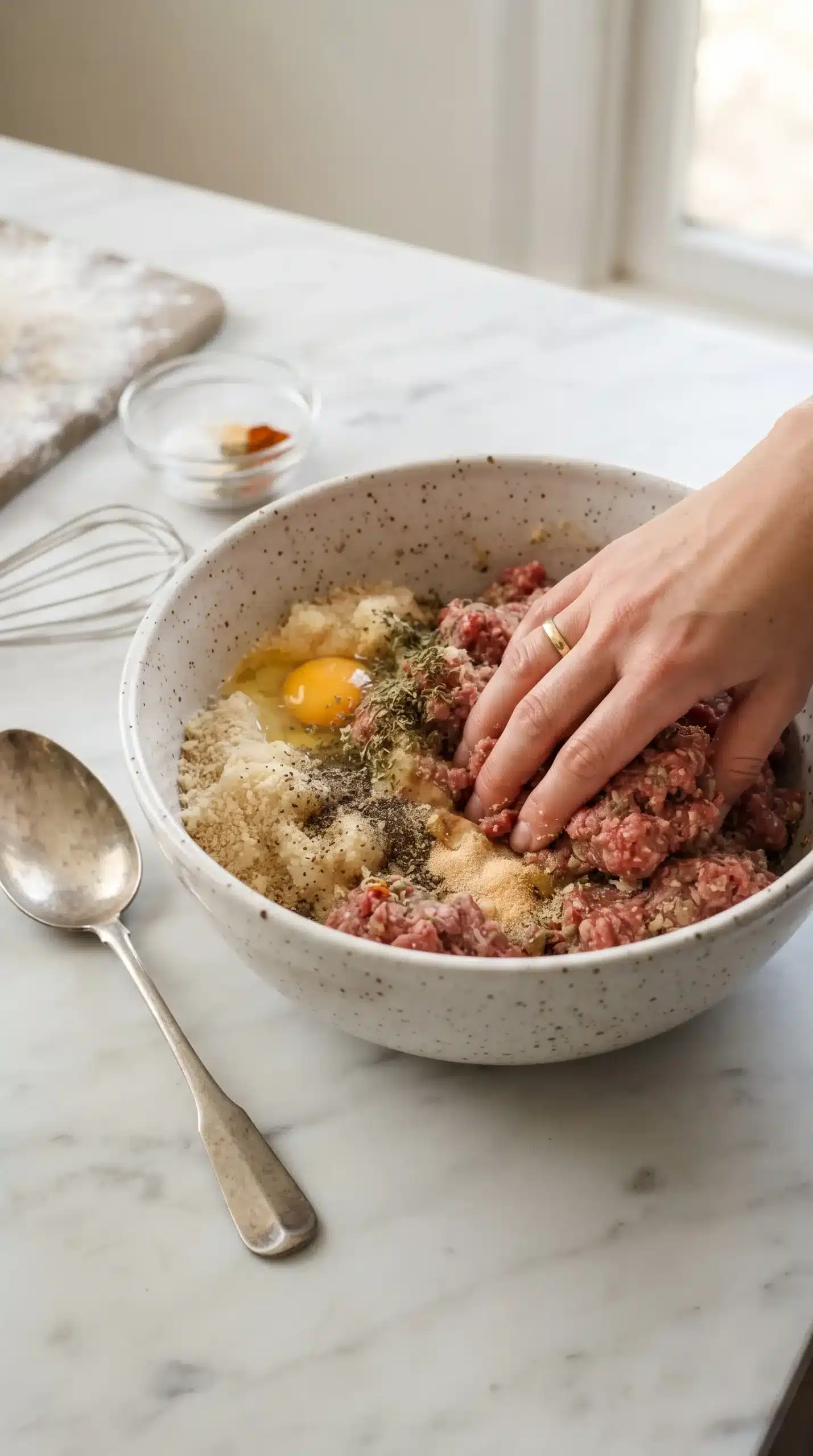Ground beef meatloaf mixture with breadcrumbs, egg, milk, and seasonings being gently combined