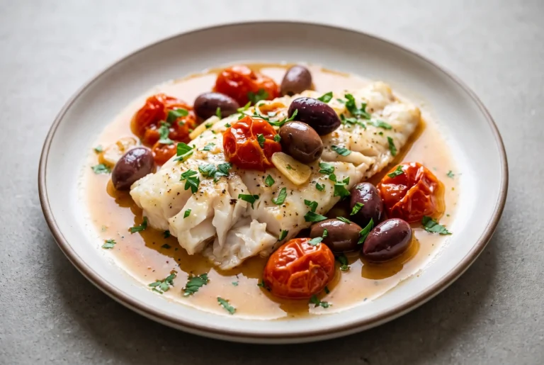 Mediterranean baked fish with tomatoes, olives, garlic, olive oil, and fresh herbs