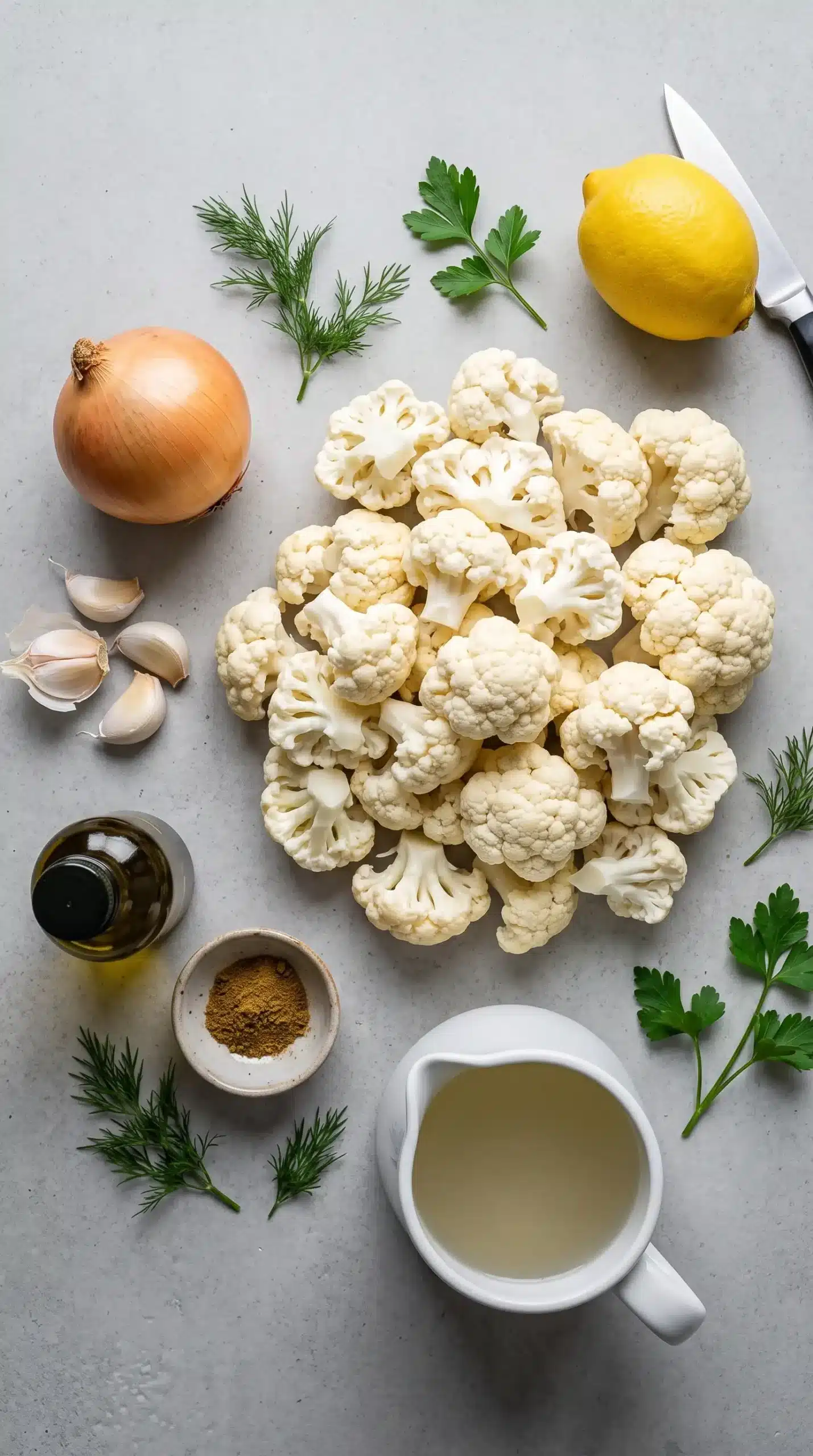 Ingredients for Mediterranean cauliflower soup with cauliflower, garlic, onion, lemon, and herbs