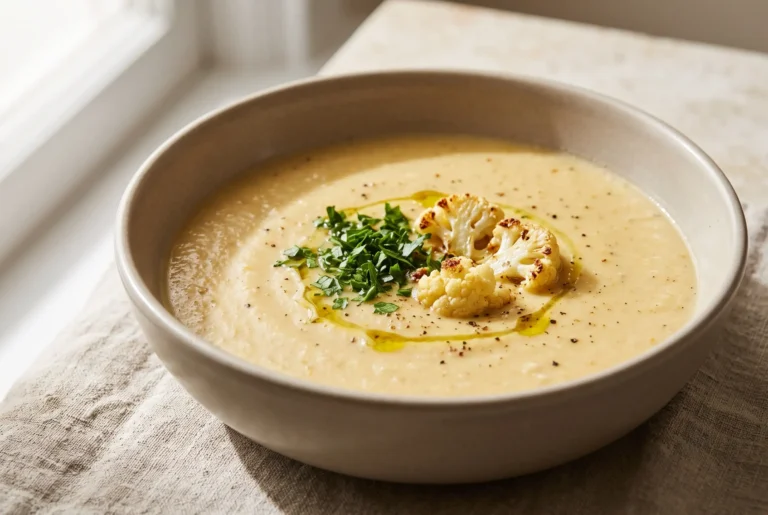 Mediterranean cauliflower soup with roasted vegetables in a creamy bowl topped with fresh herbs