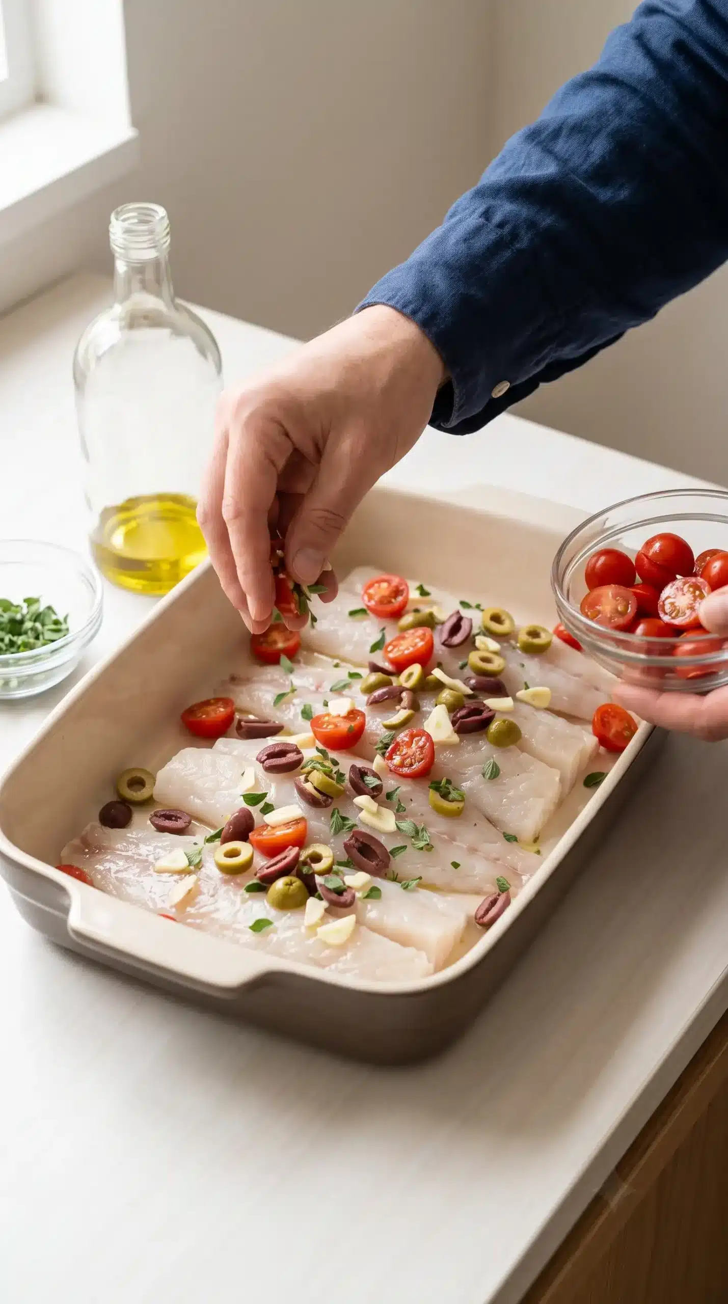 Raw white fish fillets arranged with tomatoes, olives, garlic, olive oil, and herbs before baking