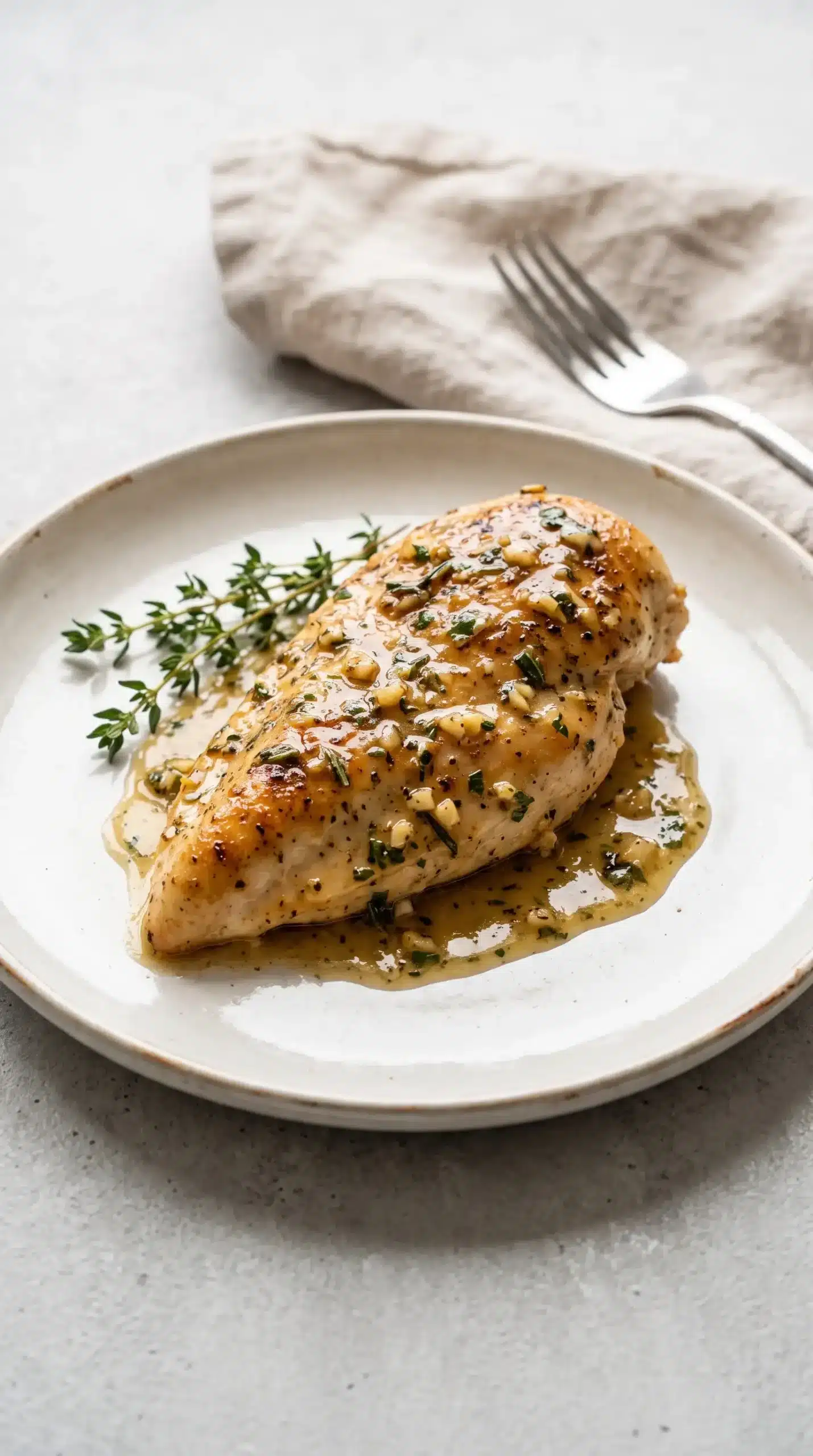 Melt in your mouth chicken breast with golden crust and buttery garlic herb sauce