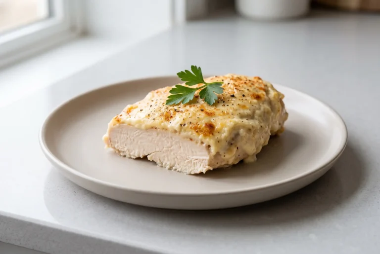 Melt in your mouth chicken with creamy Parmesan topping on a plate