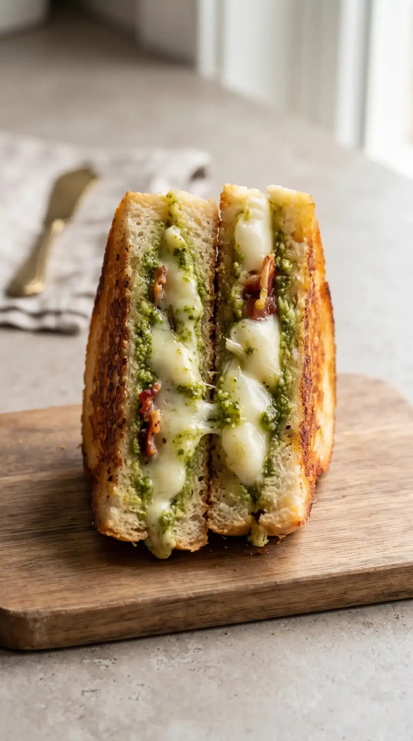 Cut pesto grilled cheese sandwich showing melted cheese and basil pesto layers
