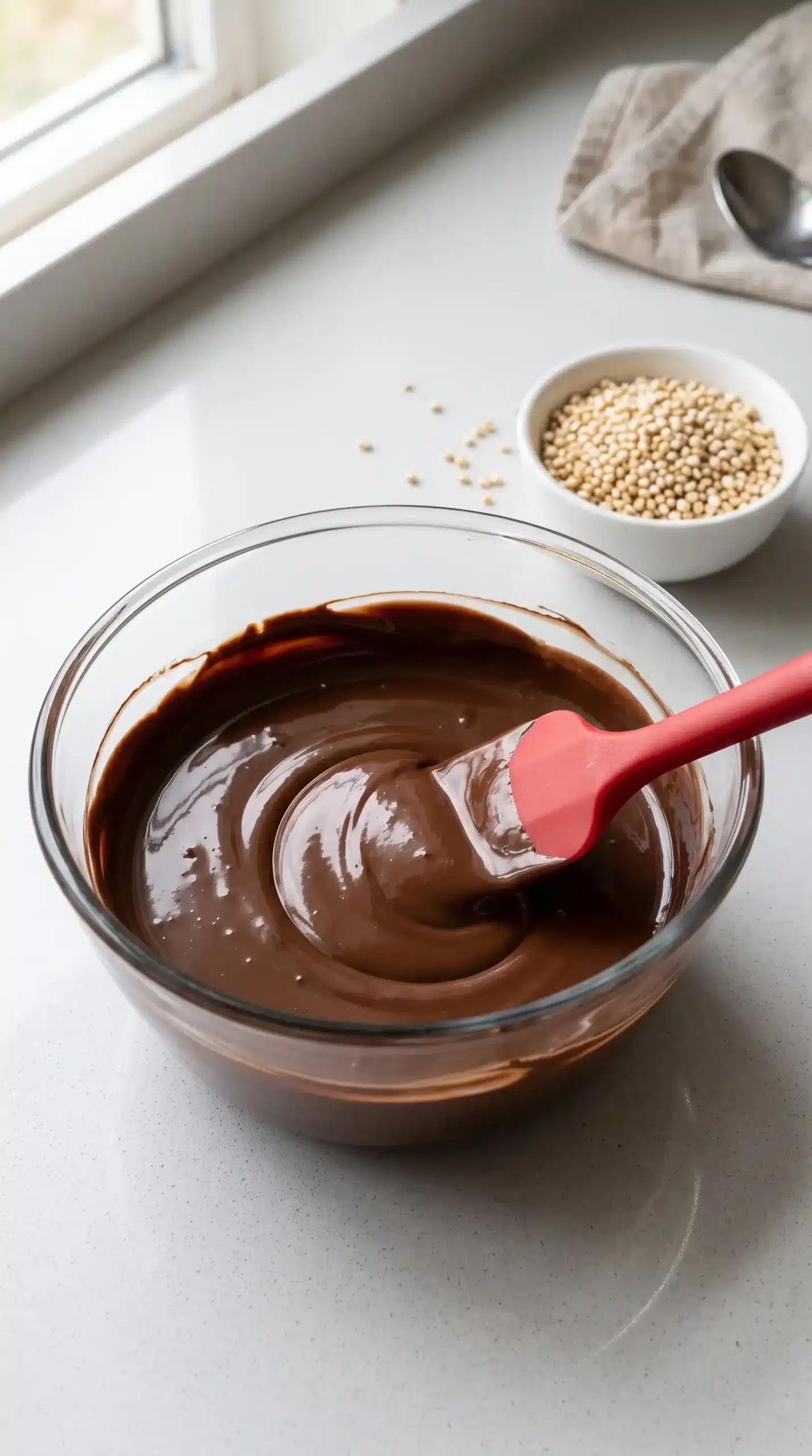 Melted chocolate being stirred before mixing with puffed quinoa for crisps