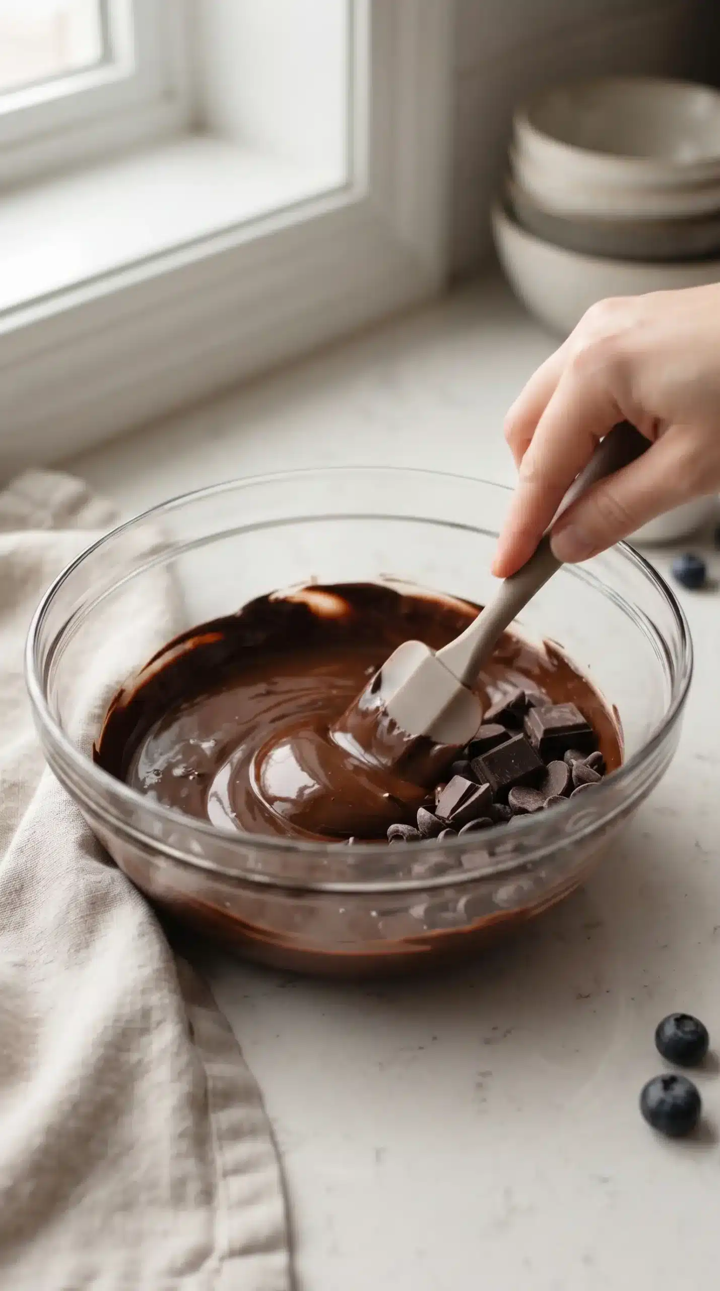 Melted dark chocolate being stirred during chocolate blueberry bark preparation