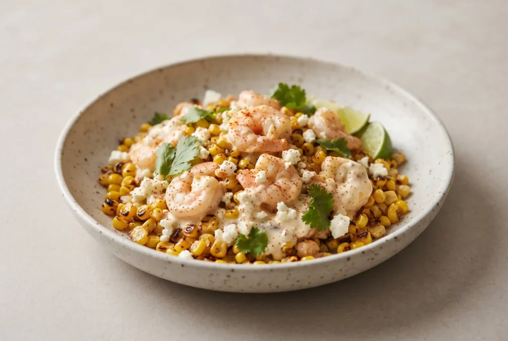 Mexican Street Corn with Shrimp and Creamy Feta Sauce