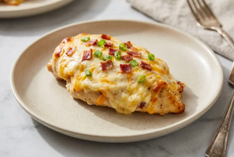 Million Dollar Baked Chicken with creamy cheese, bacon, and green onion topping