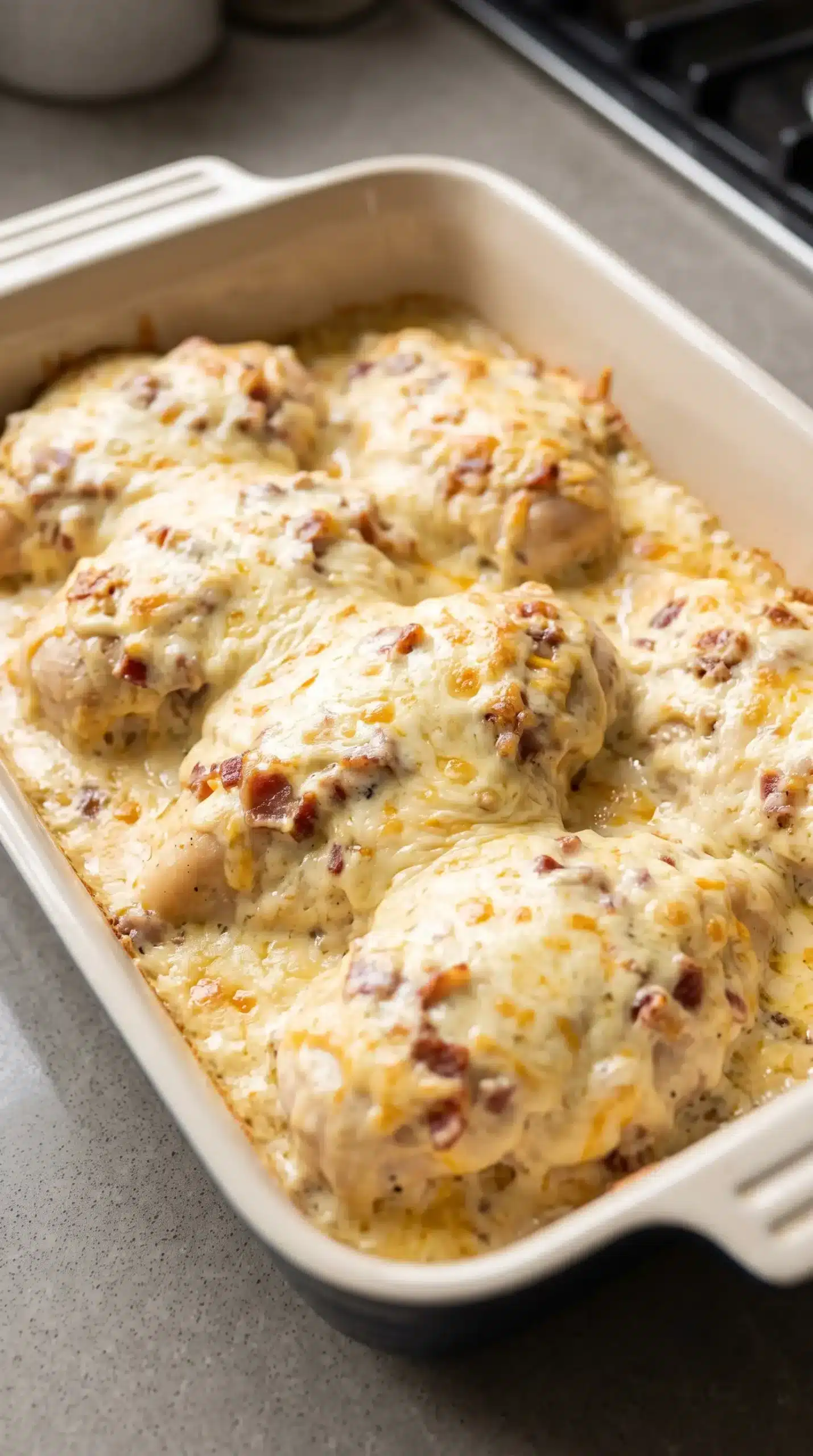 Chicken breasts baking beneath a creamy cheese and bacon topping in a baking dish
