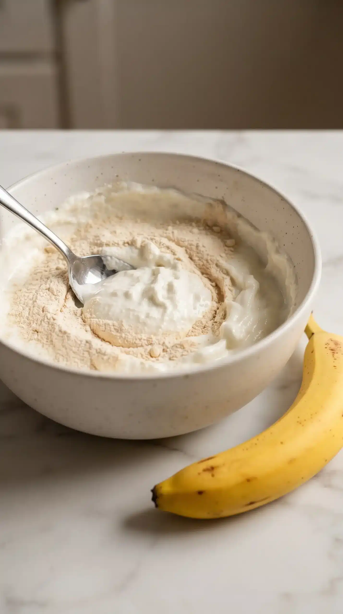 Greek yogurt mixed with vanilla protein powder to make a creamy banana yogurt base