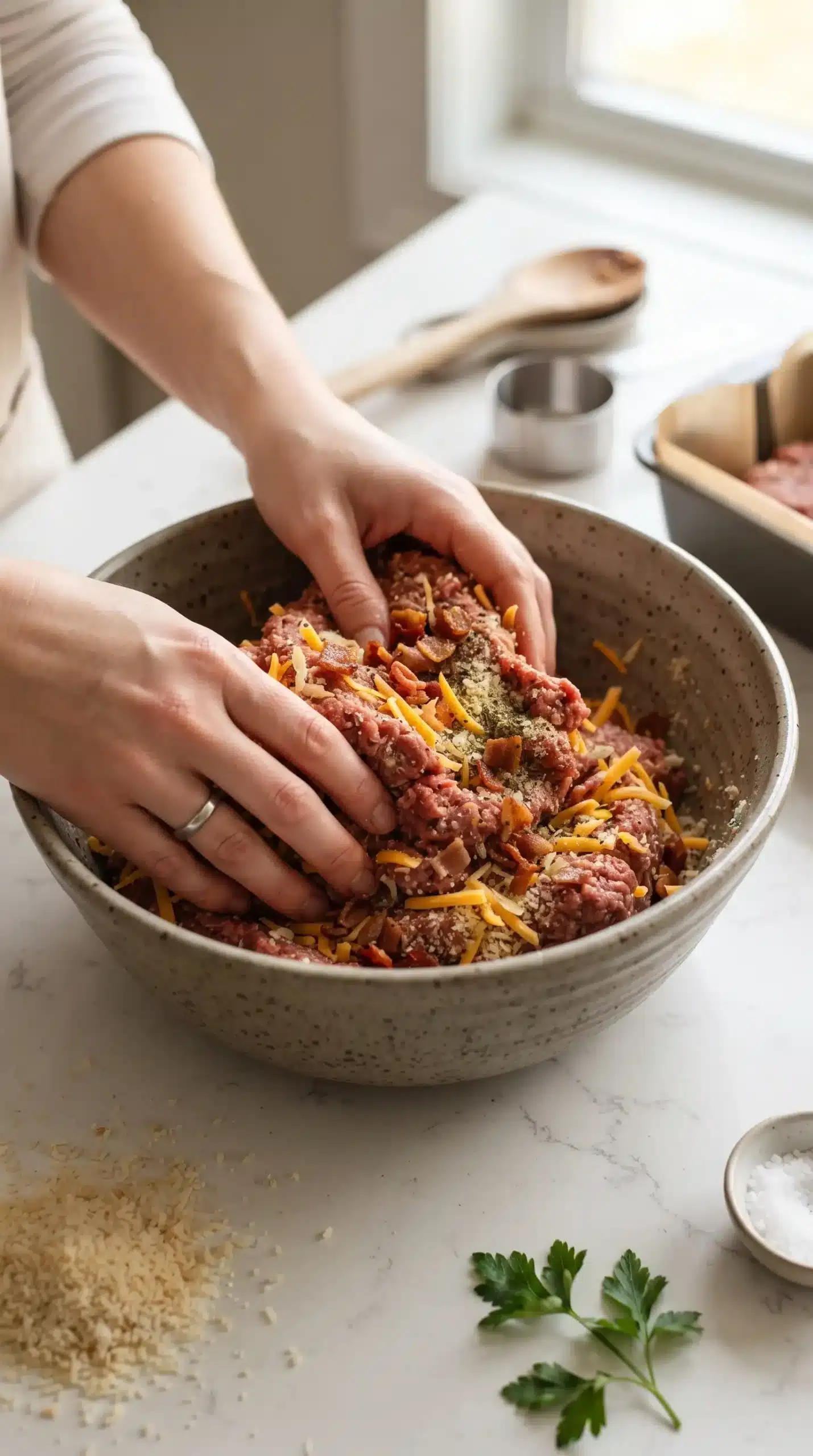 Hands mixing cheeseburger meatloaf mixture with beef, cheddar cheese, and bacon