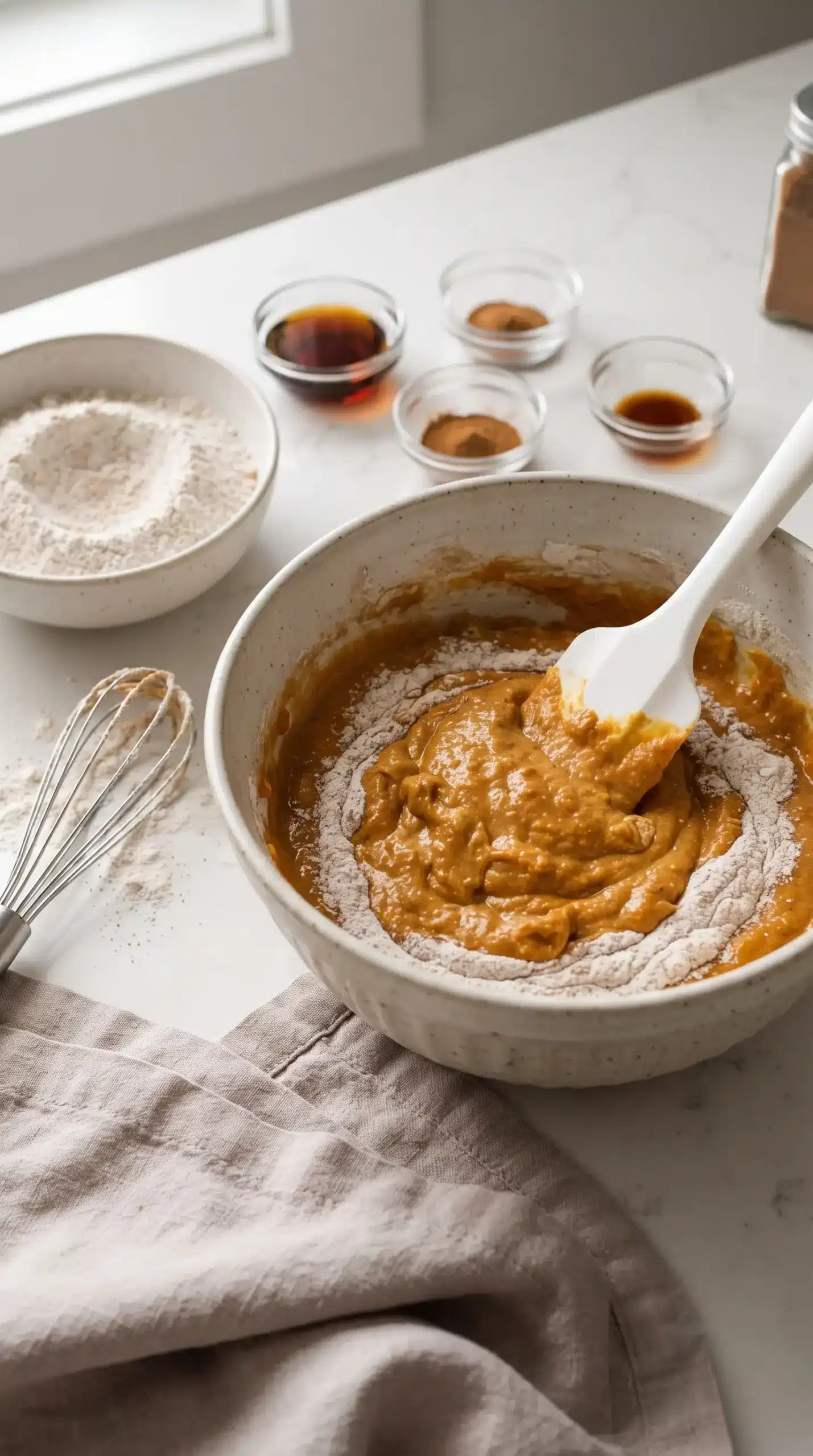 Pumpkin and Greek yogurt muffin batter being mixed with whole wheat flour in a bowl