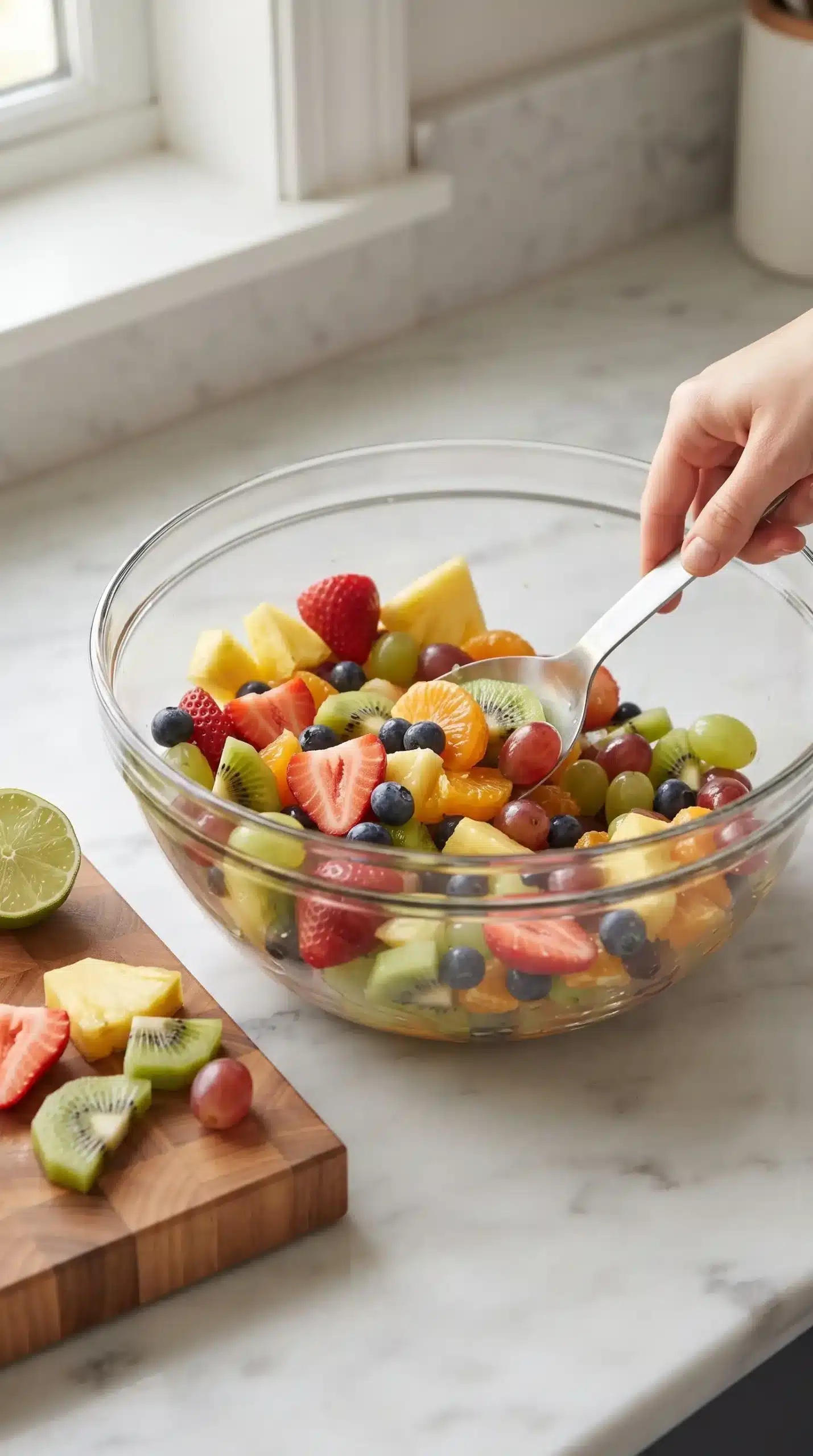 Preparing rainbow fruit salad with mixed fruit and lime juice in a bowl