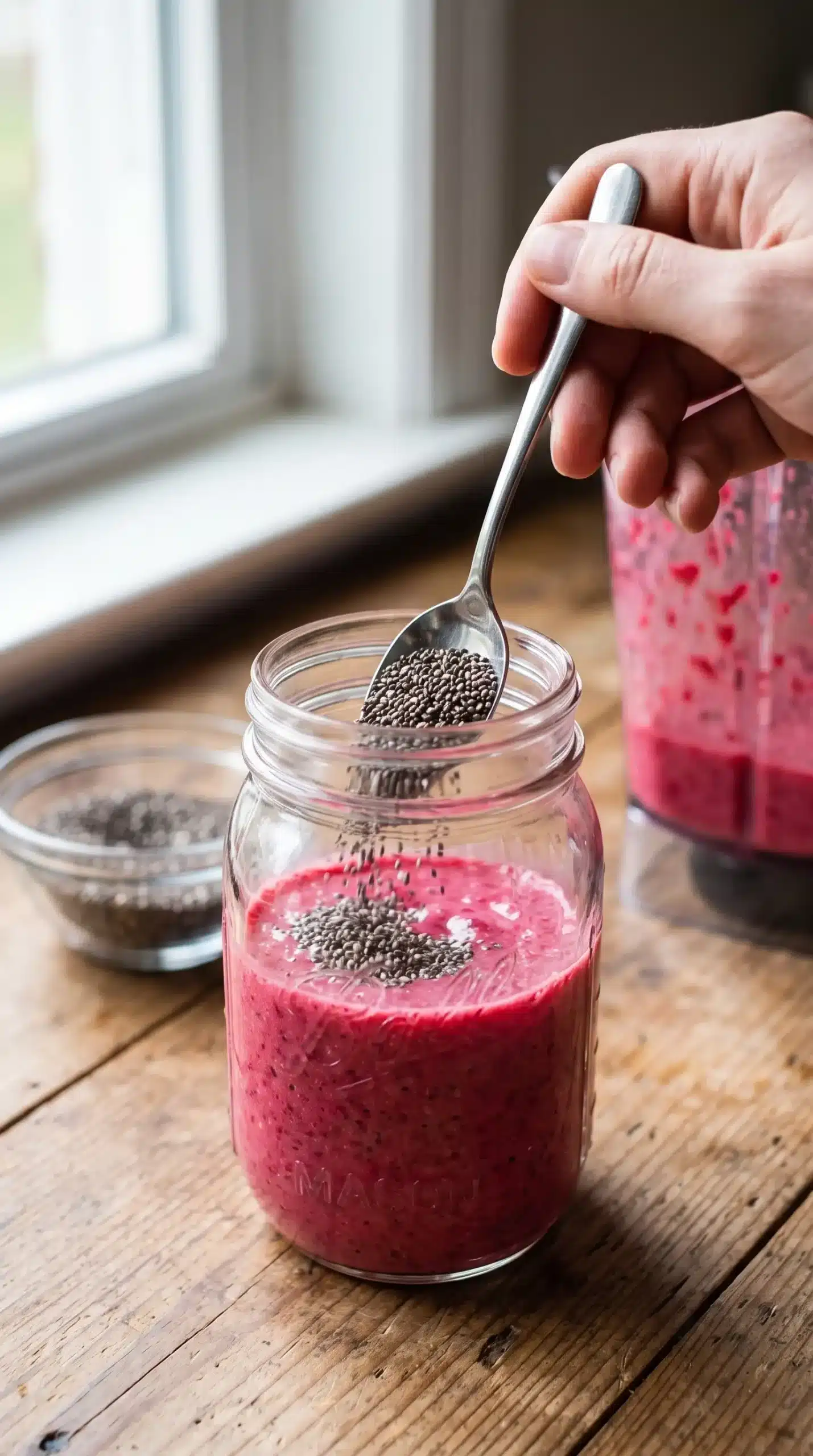 Blended raspberry mixture stirred with chia seeds in a glass jar during preparation