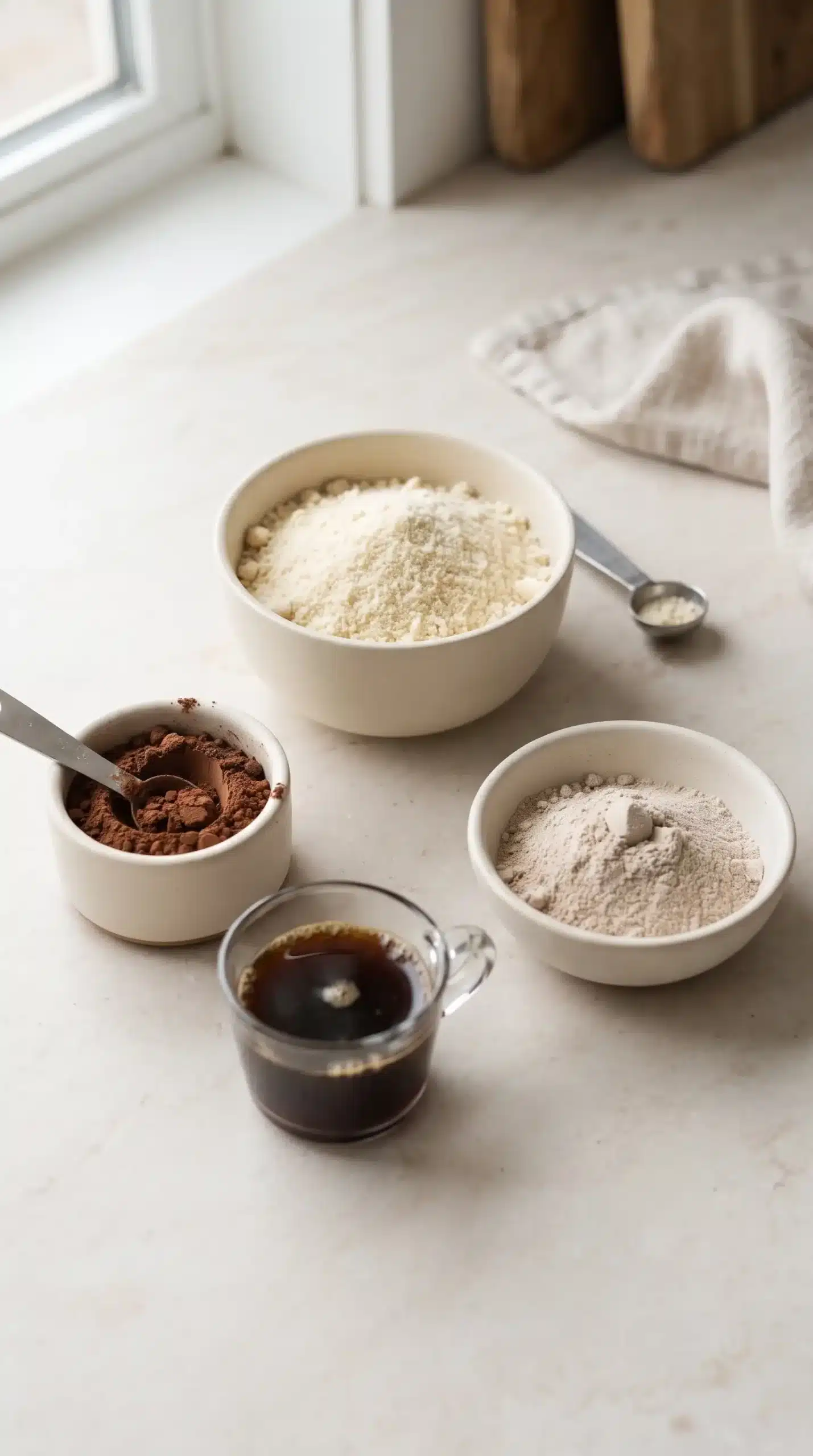 Almond flour, cocoa powder, protein powder, and coffee for mocha truffles